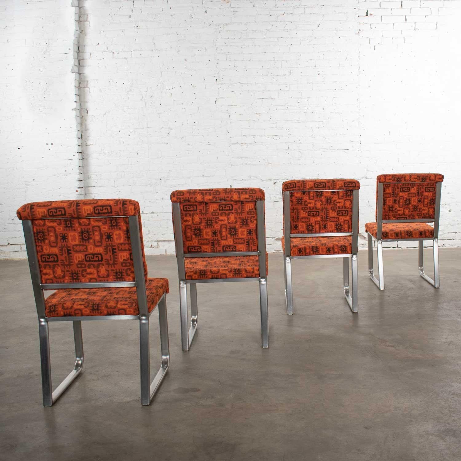 4 Streamline Modern Railroad Dining Car Chairs Stainless Steel and Orange Fabric For Sale 3