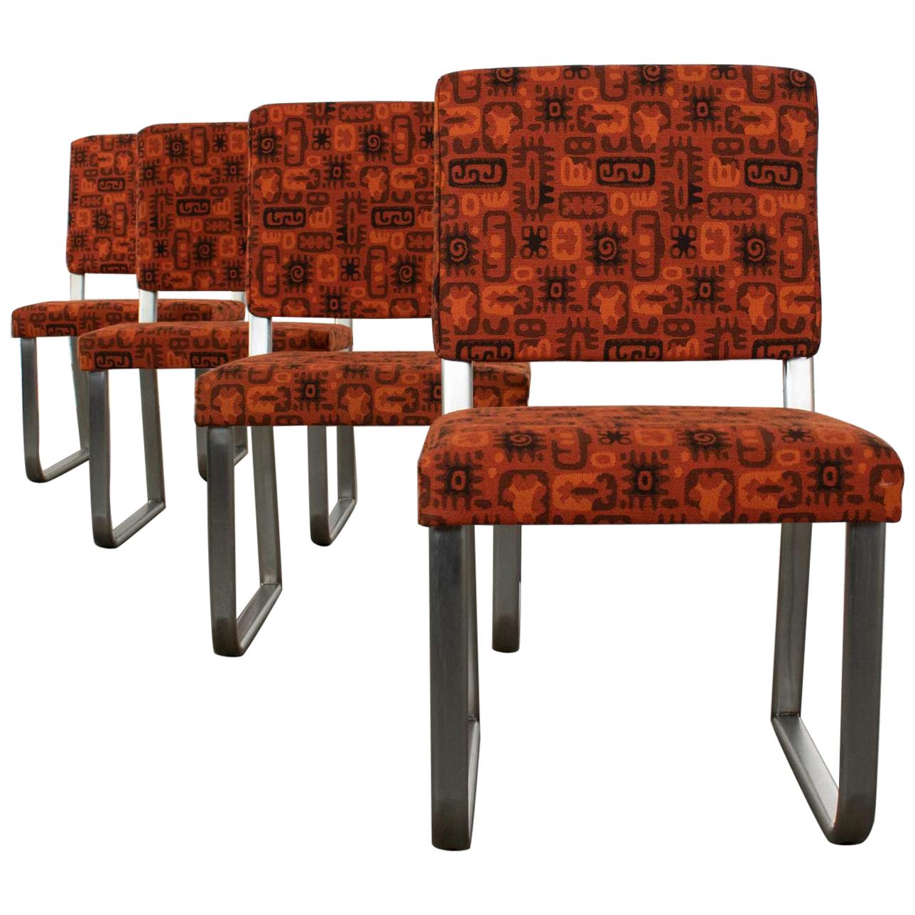 4 Streamline Modern Railroad Dining Car Chairs Stainless Steel and Orange Fabric For Sale