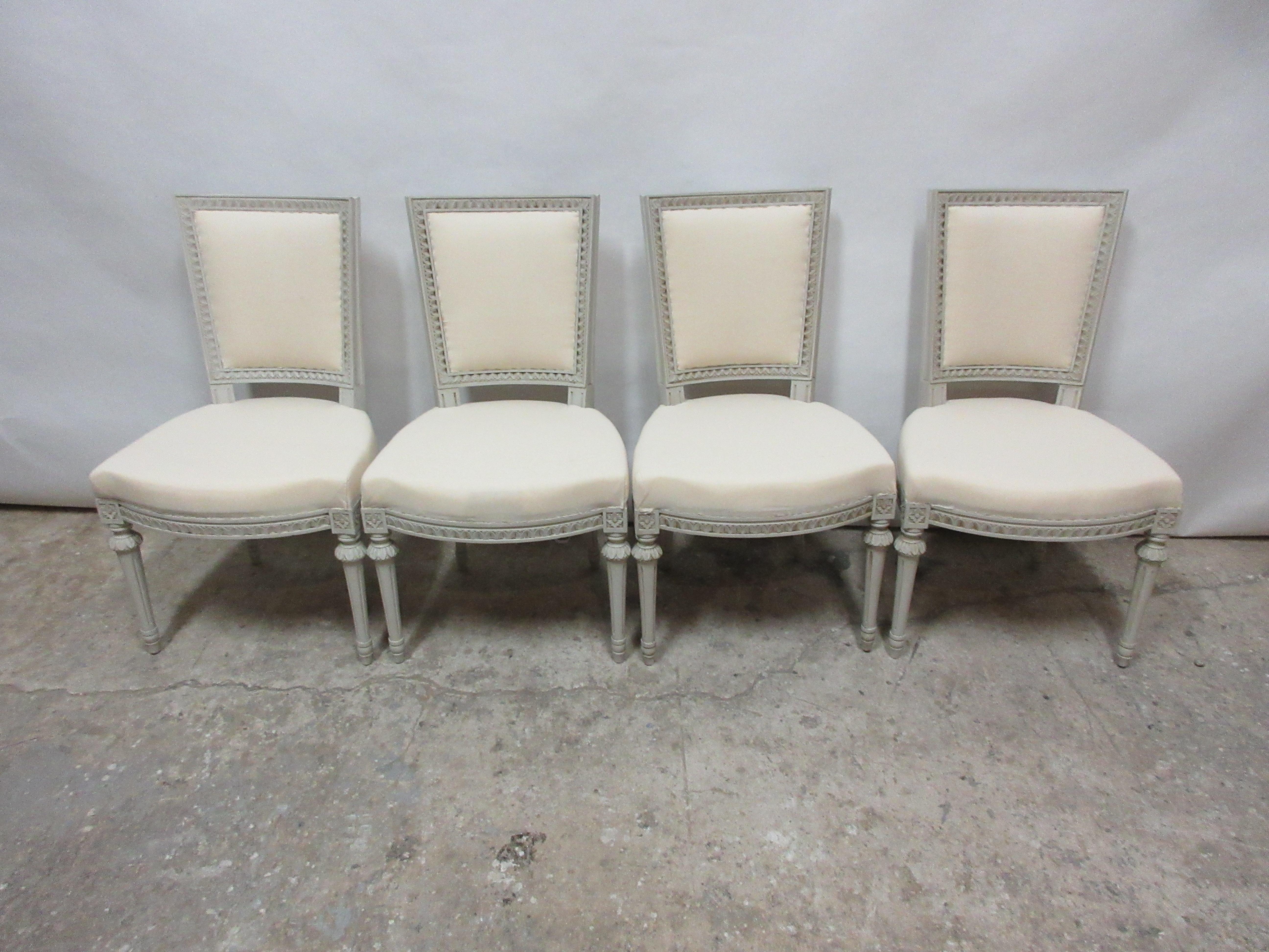 This is a set of 4 Swedish Gustavian side chairs, they have been restored and repainted with milk paints 
