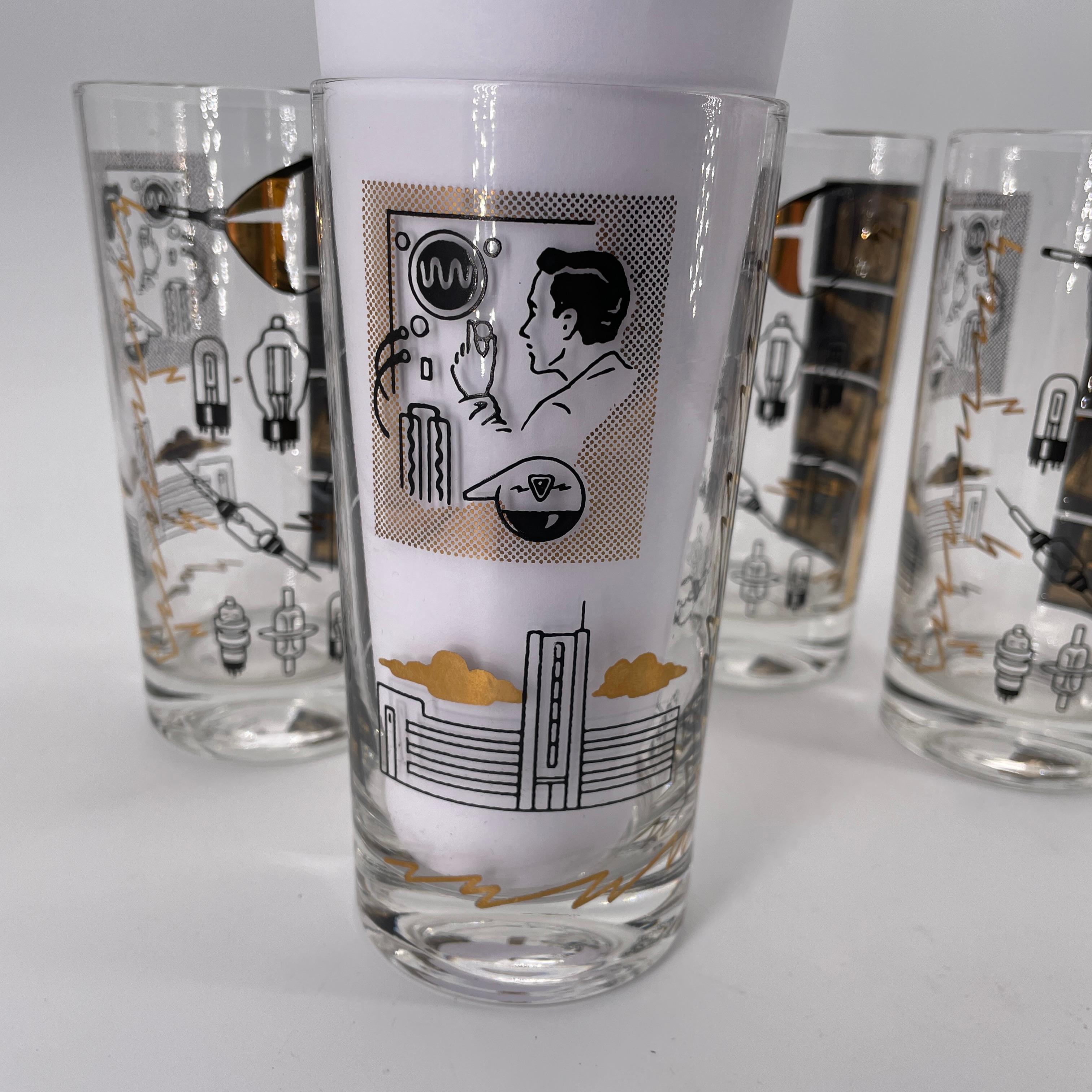 4 vasos de cristal Sylvania Vacuum Tube Barware 1950s Sputnik Television Analog TV en venta 3