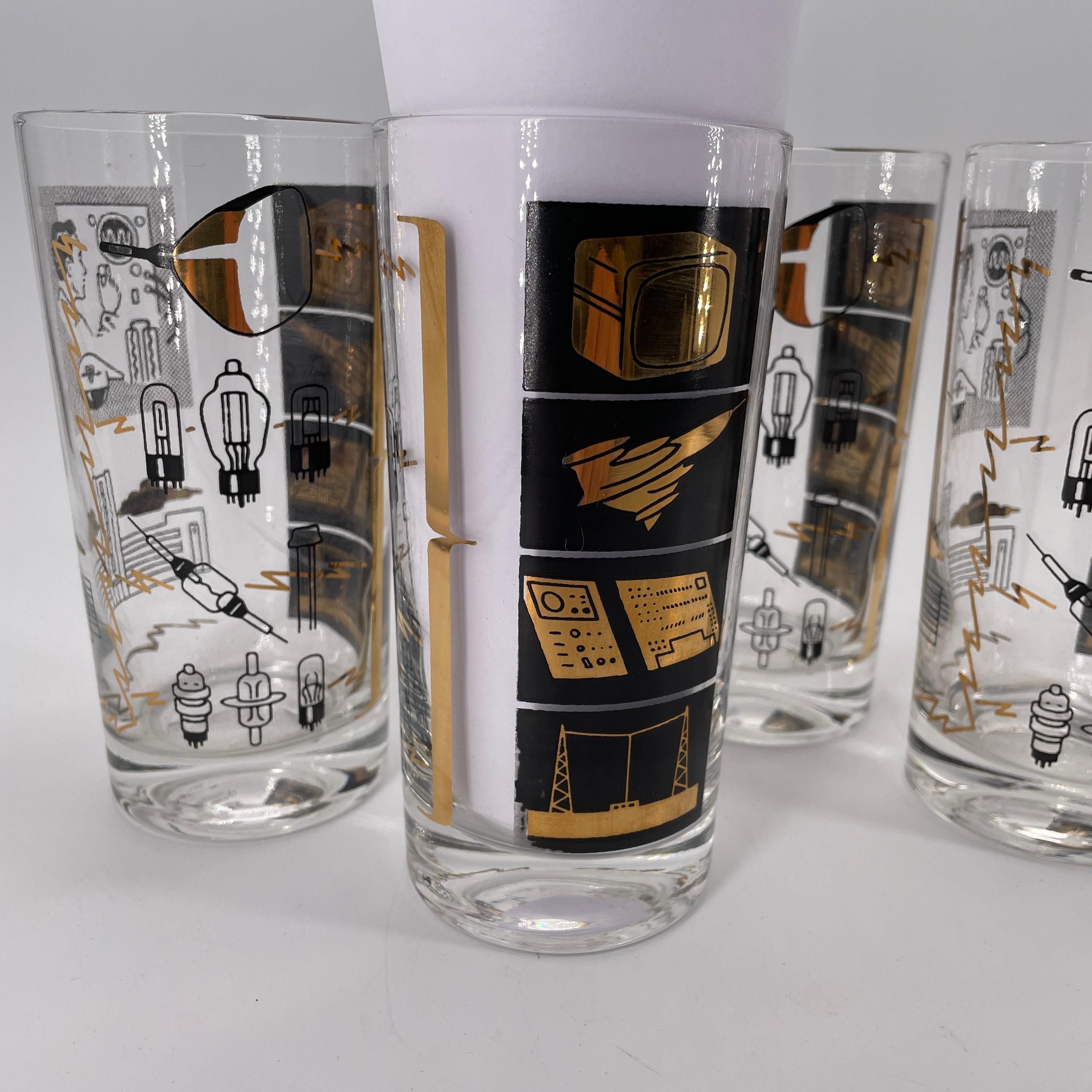 4 vasos de cristal Sylvania Vacuum Tube Barware 1950s Sputnik Television Analog TV en venta 4