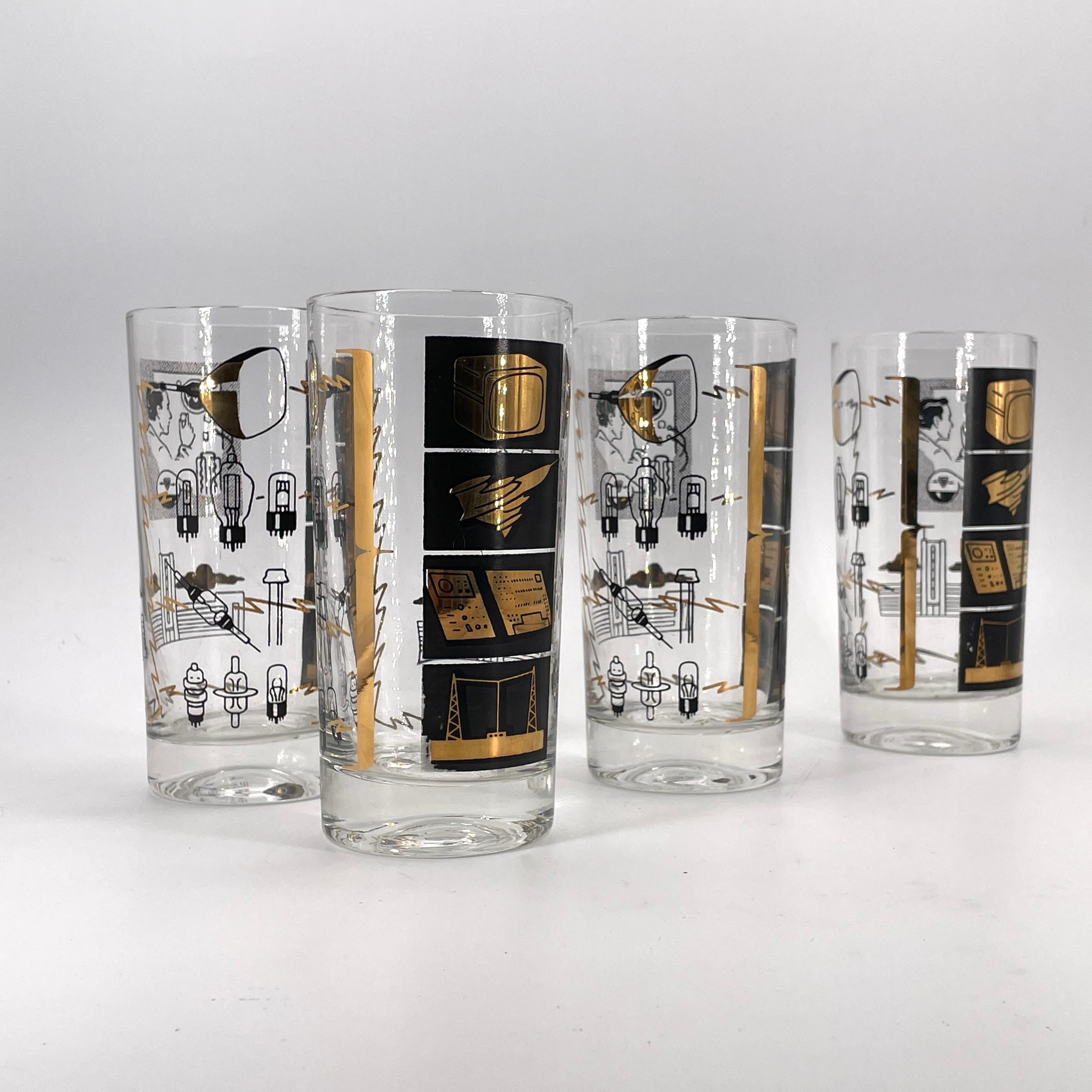 4 vasos de cristal Sylvania Vacuum Tube Barware 1950s Sputnik Television Analog TV en venta 6