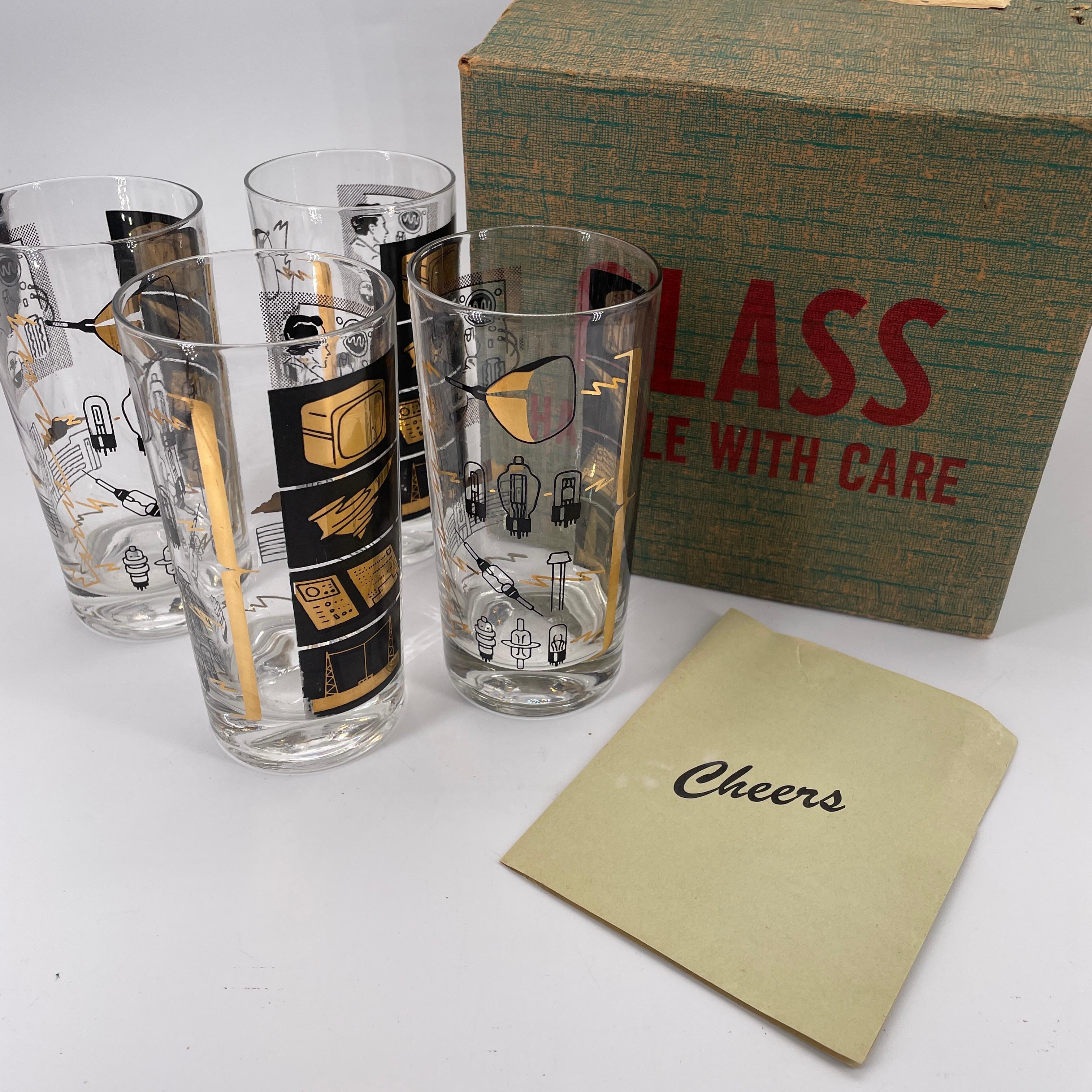 4 vasos de cristal Sylvania Vacuum Tube Barware 1950s Sputnik Television Analog TV en venta 7