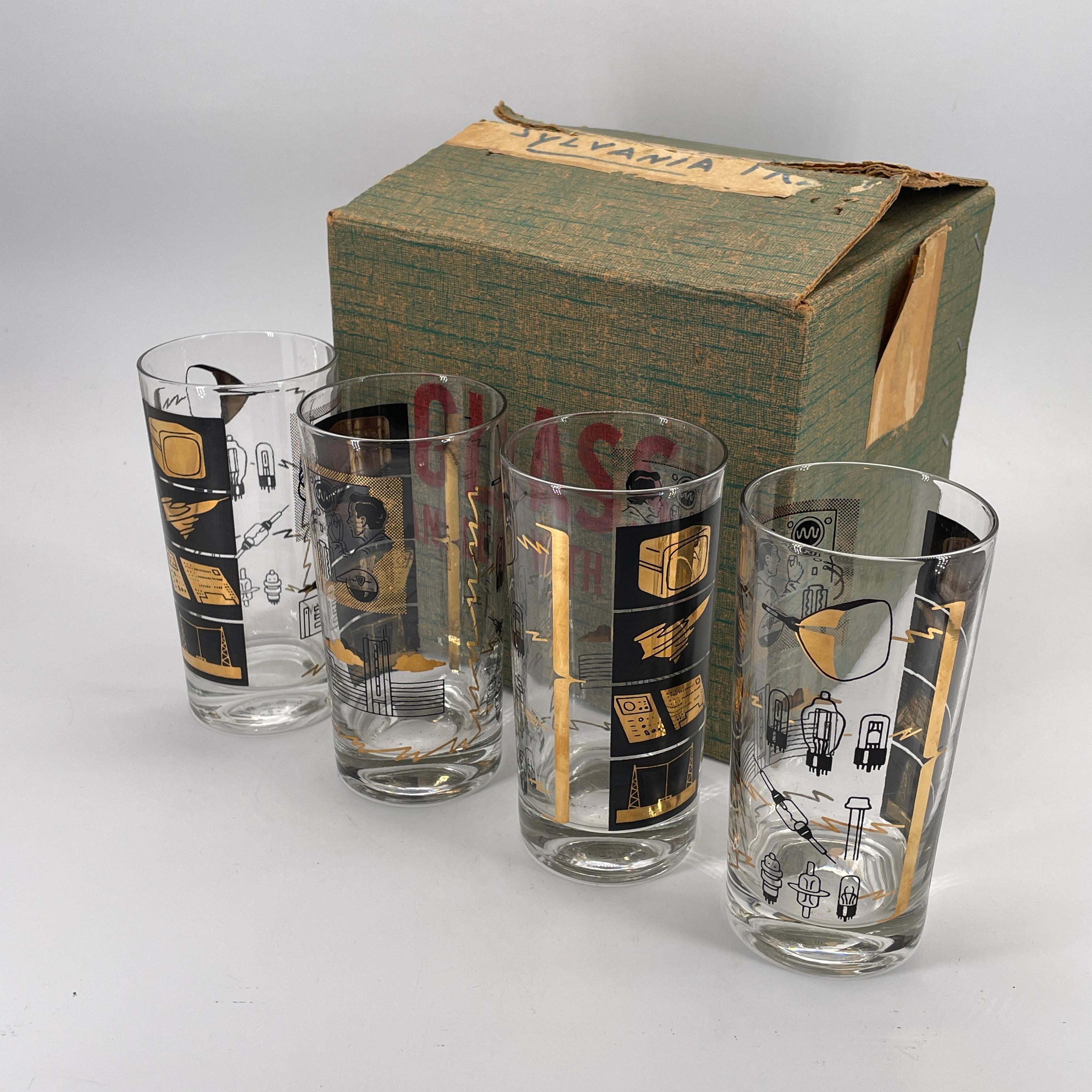 4 vasos de cristal Sylvania Vacuum Tube Barware 1950s Sputnik Television Analog TV Estadounidense en venta