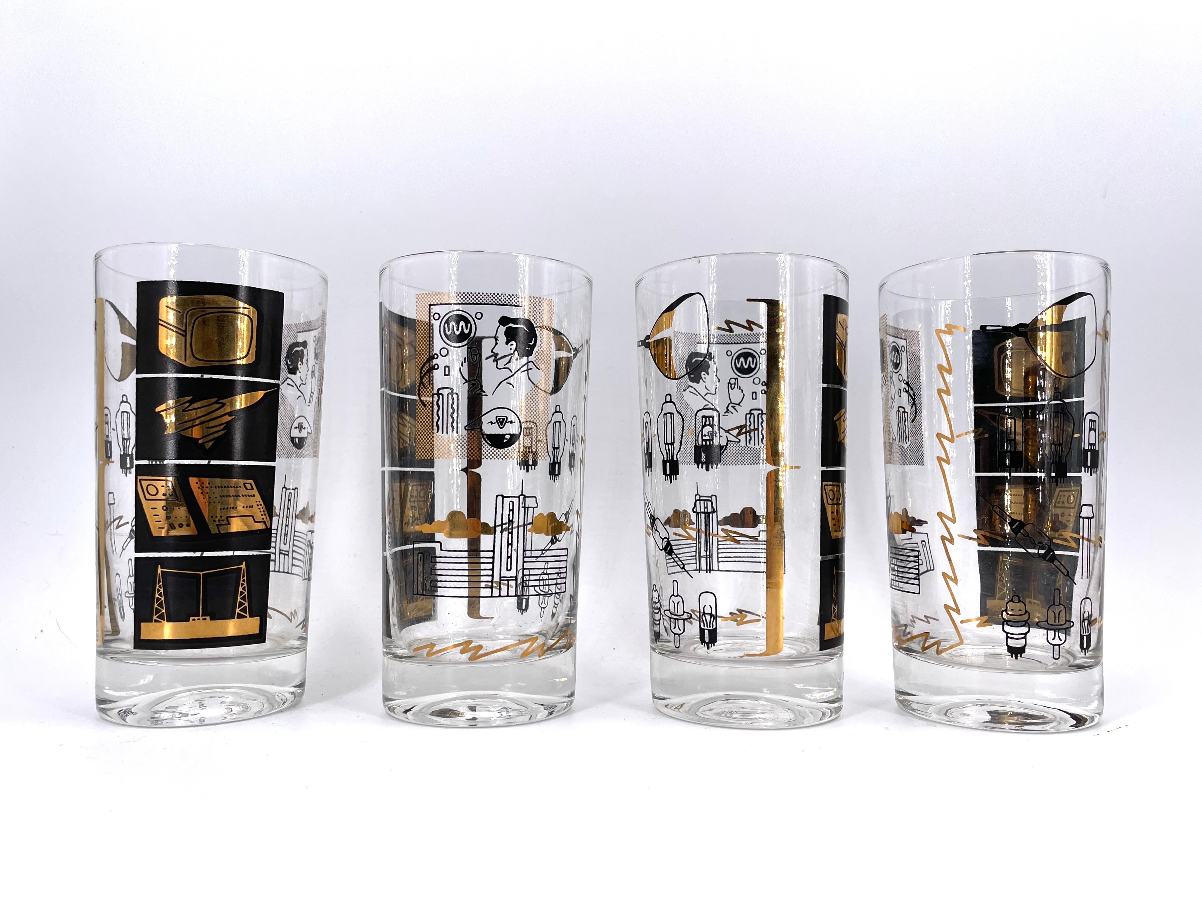 4 vasos de cristal Sylvania Vacuum Tube Barware 1950s Sputnik Television Analog TV mediados del siglo XX en venta