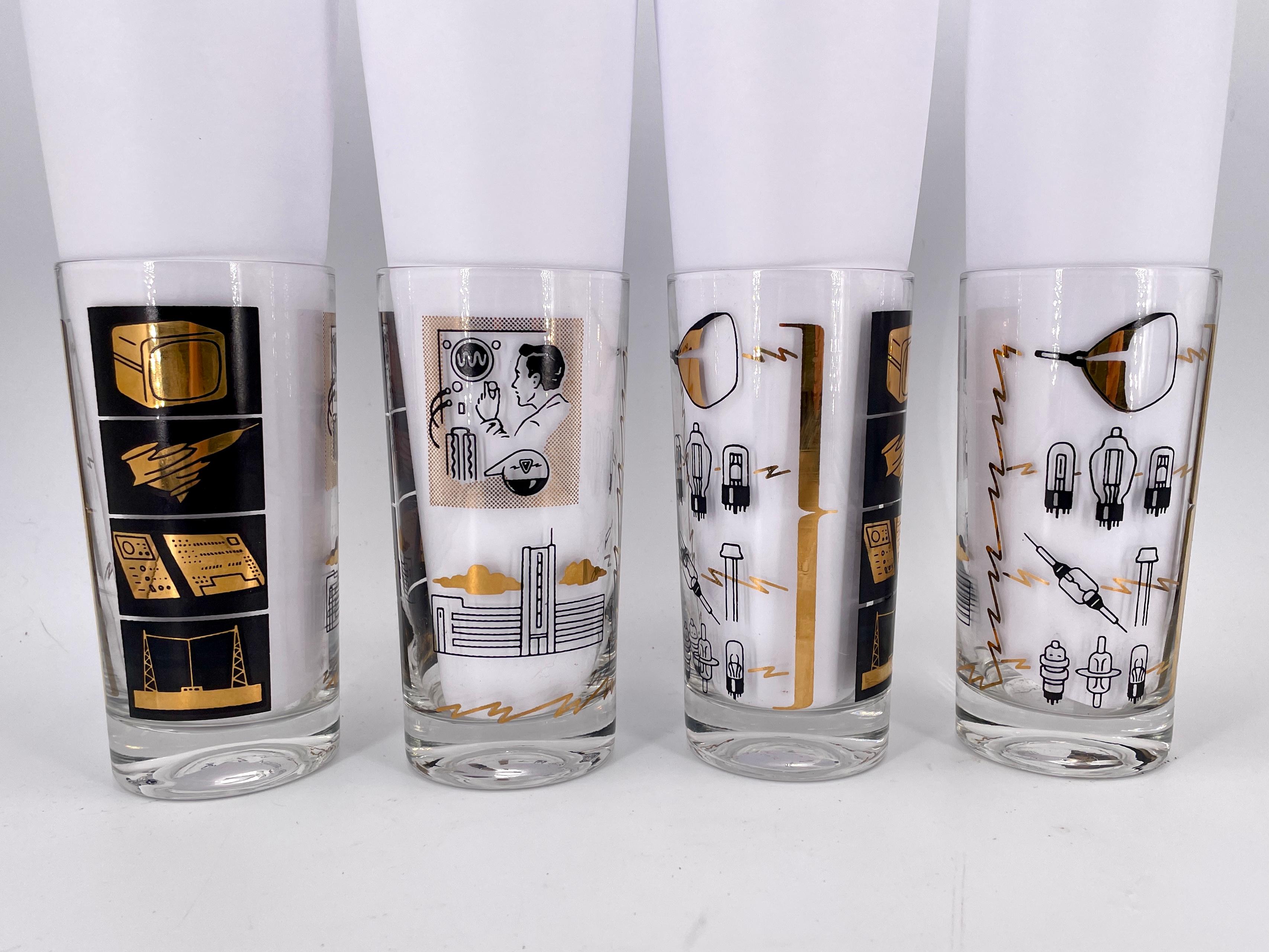 4 vasos de cristal Sylvania Vacuum Tube Barware 1950s Sputnik Television Analog TV Vidrio en venta