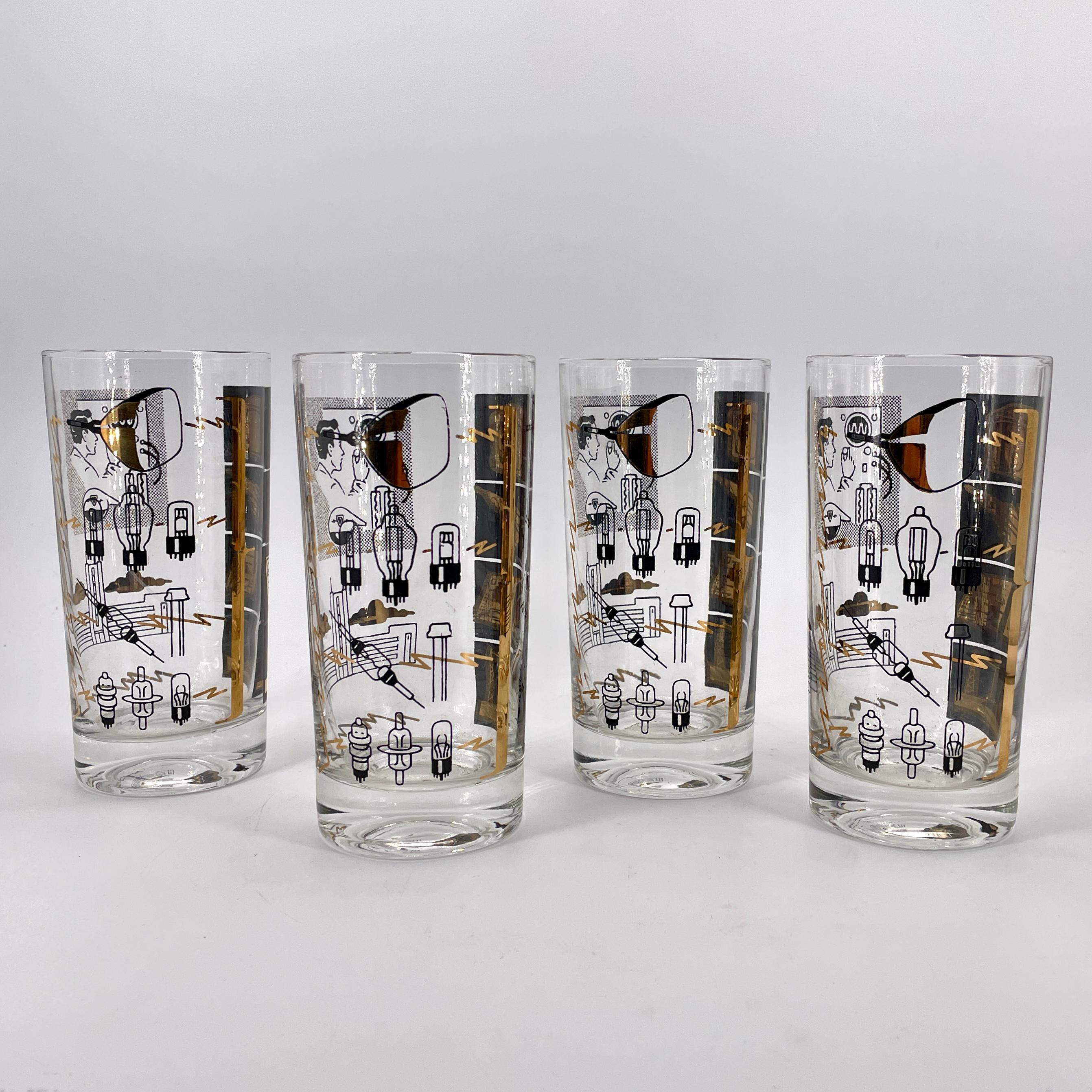 4 vasos de cristal Sylvania Vacuum Tube Barware 1950s Sputnik Television Analog TV en venta 1
