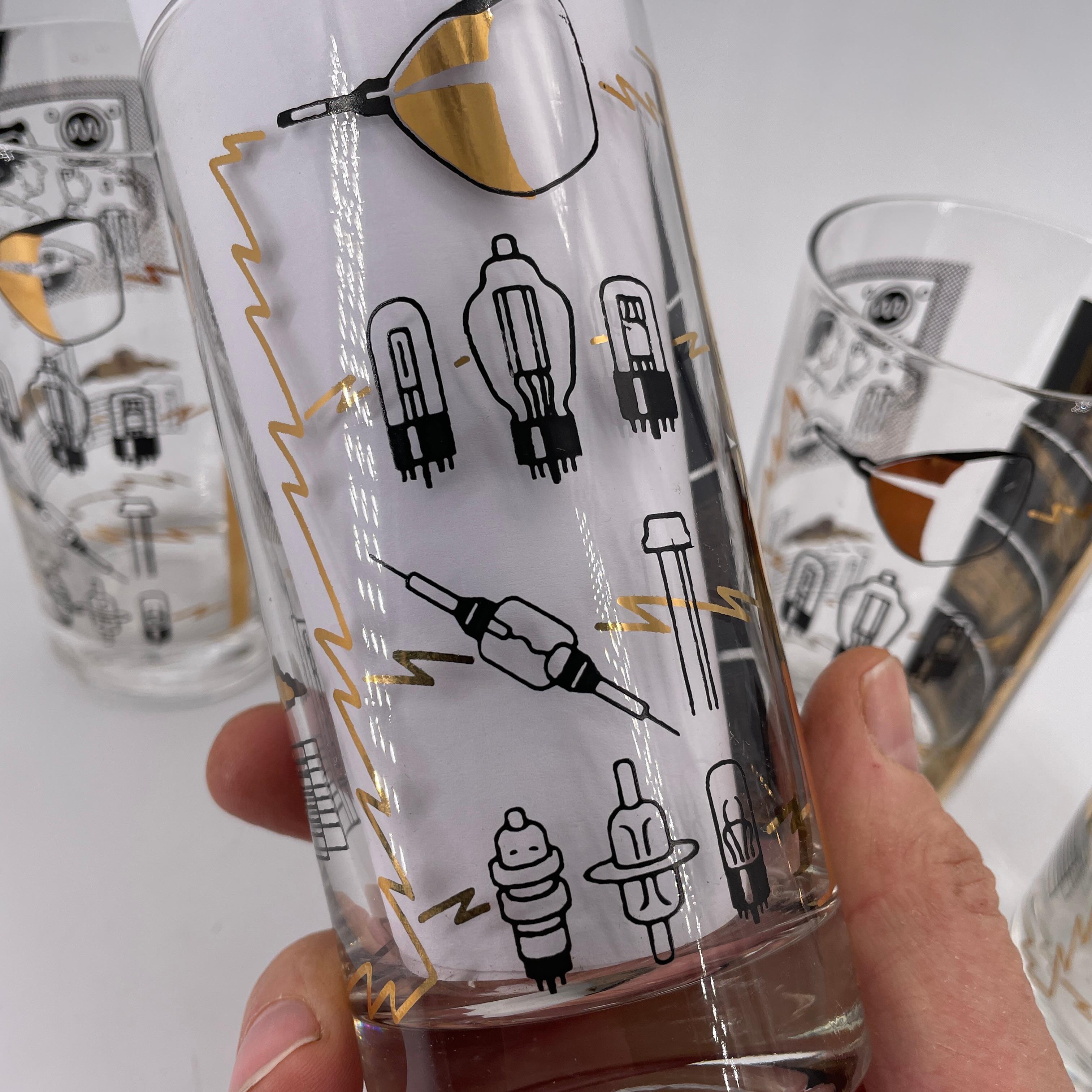 4 vasos de cristal Sylvania Vacuum Tube Barware 1950s Sputnik Television Analog TV en venta 2