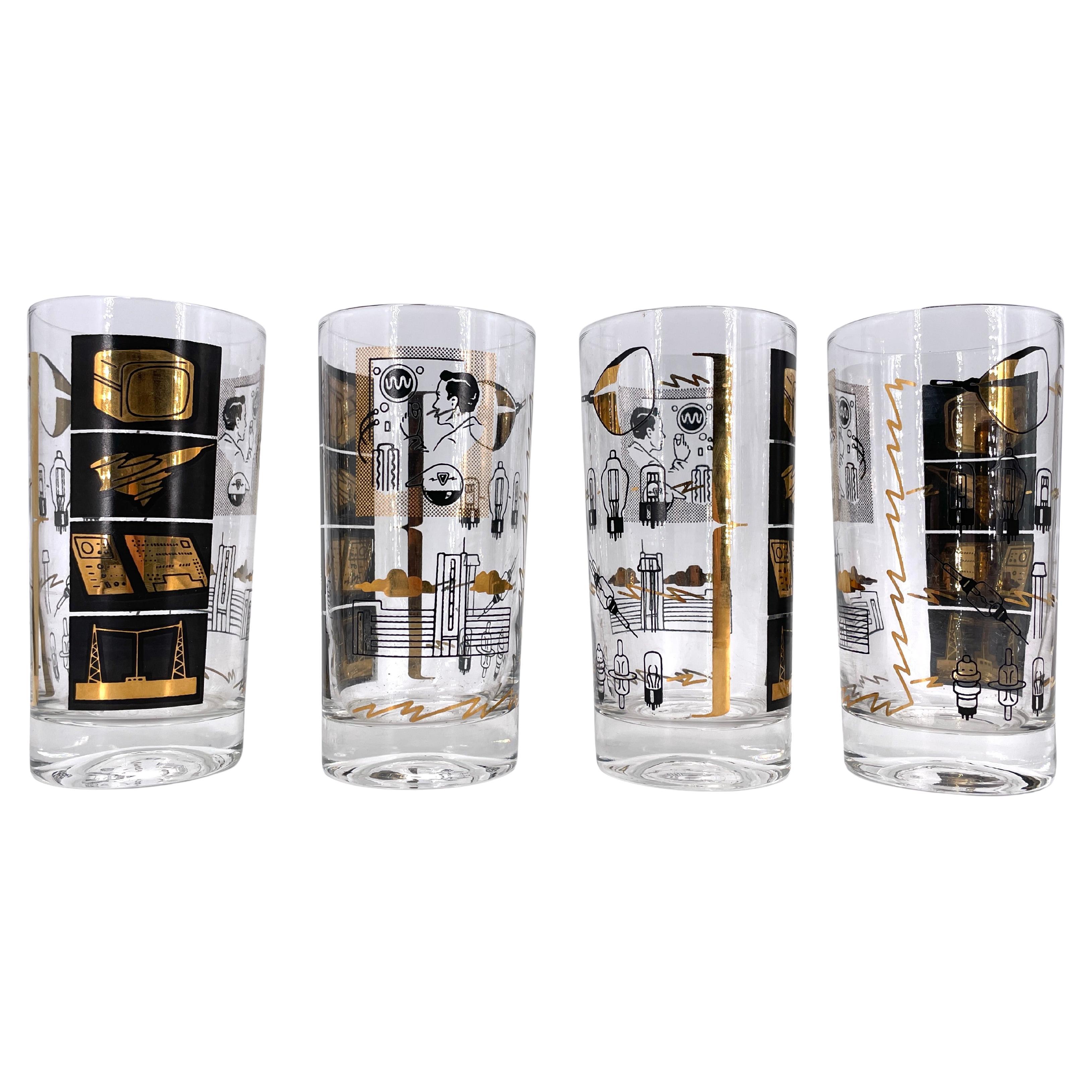 4 vasos de cristal Sylvania Vacuum Tube Barware 1950s Sputnik Television Analog TV en venta