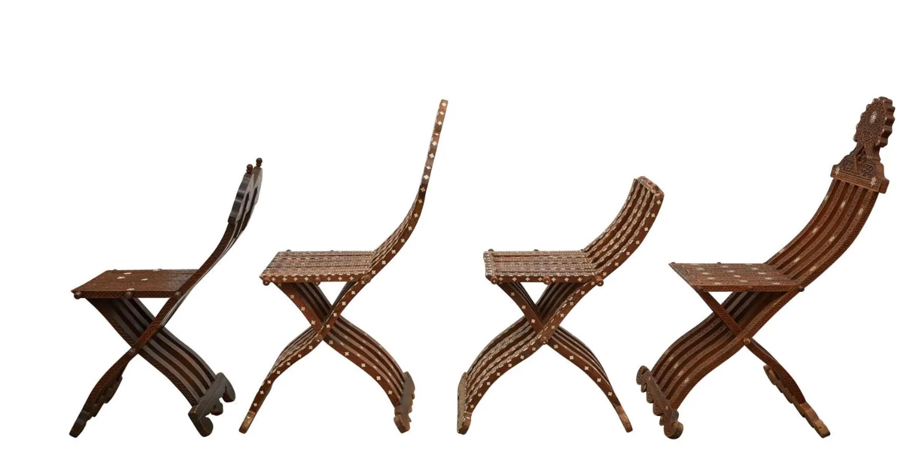 Inlay 4 Syrian Mother of Pearl Folding Scribe Chairs For Sale