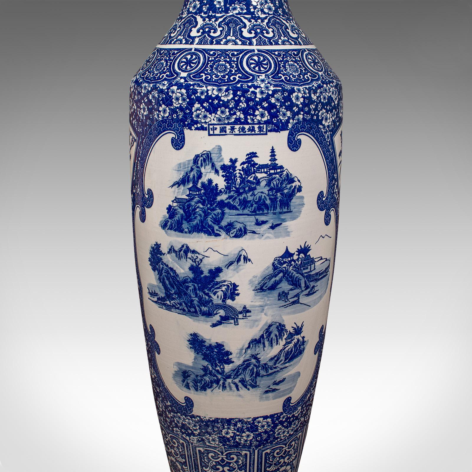4' Tall Vintage Floor Vase, Chinese, Blue & White, Ceramic, Display, Art Deco For Sale 6