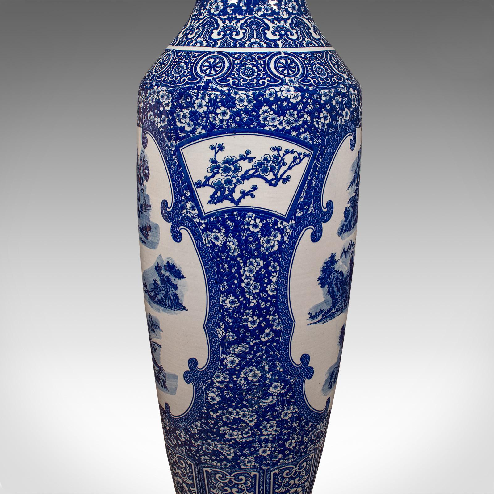4' Tall Vintage Floor Vase, Chinese, Blue & White, Ceramic, Display, Art Deco For Sale 7