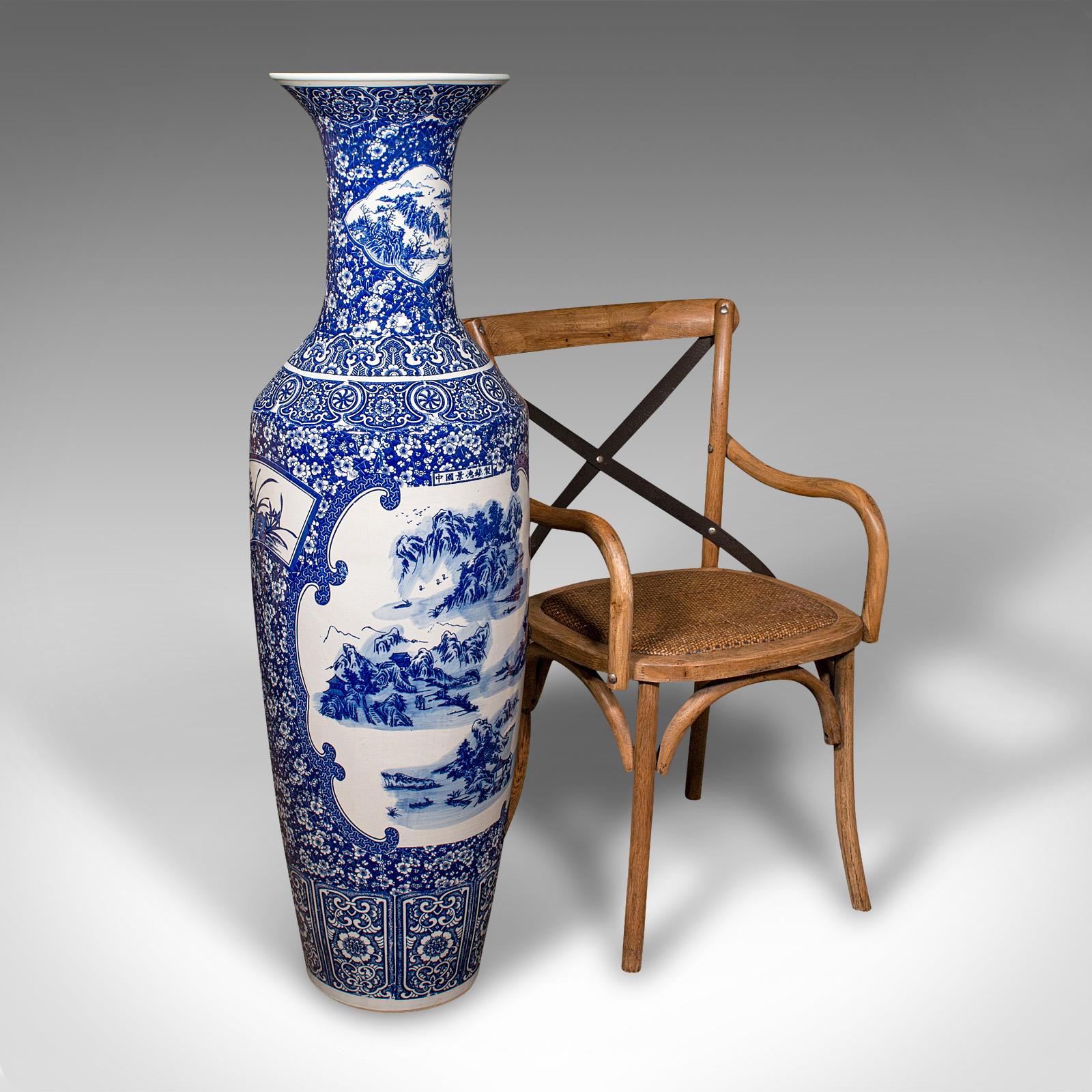 4' Tall Vintage Floor Vase, Chinese, Blue & White, Ceramic, Display, Art Deco For Sale 8