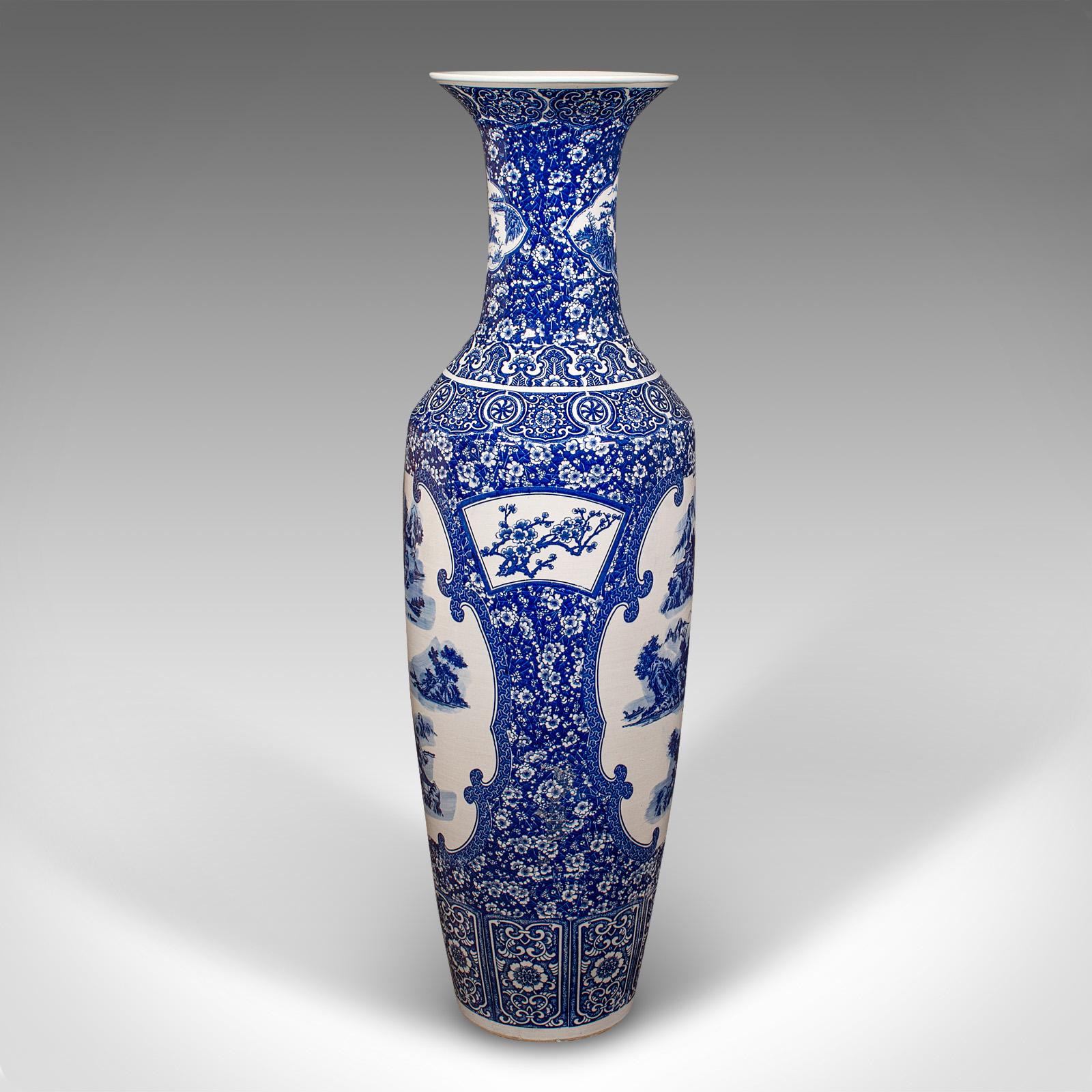 4' Tall Vintage Floor Vase, Chinese, Blue & White, Ceramic, Display, Art Deco For Sale 1