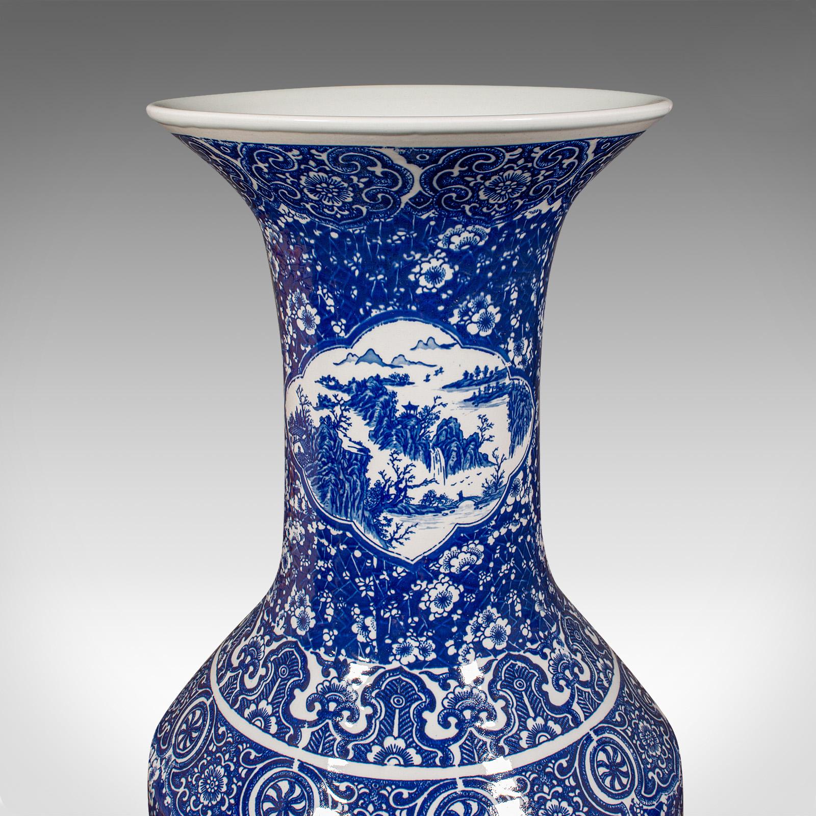 4' Tall Vintage Floor Vase, Chinese, Blue & White, Ceramic, Display, Art Deco For Sale 3