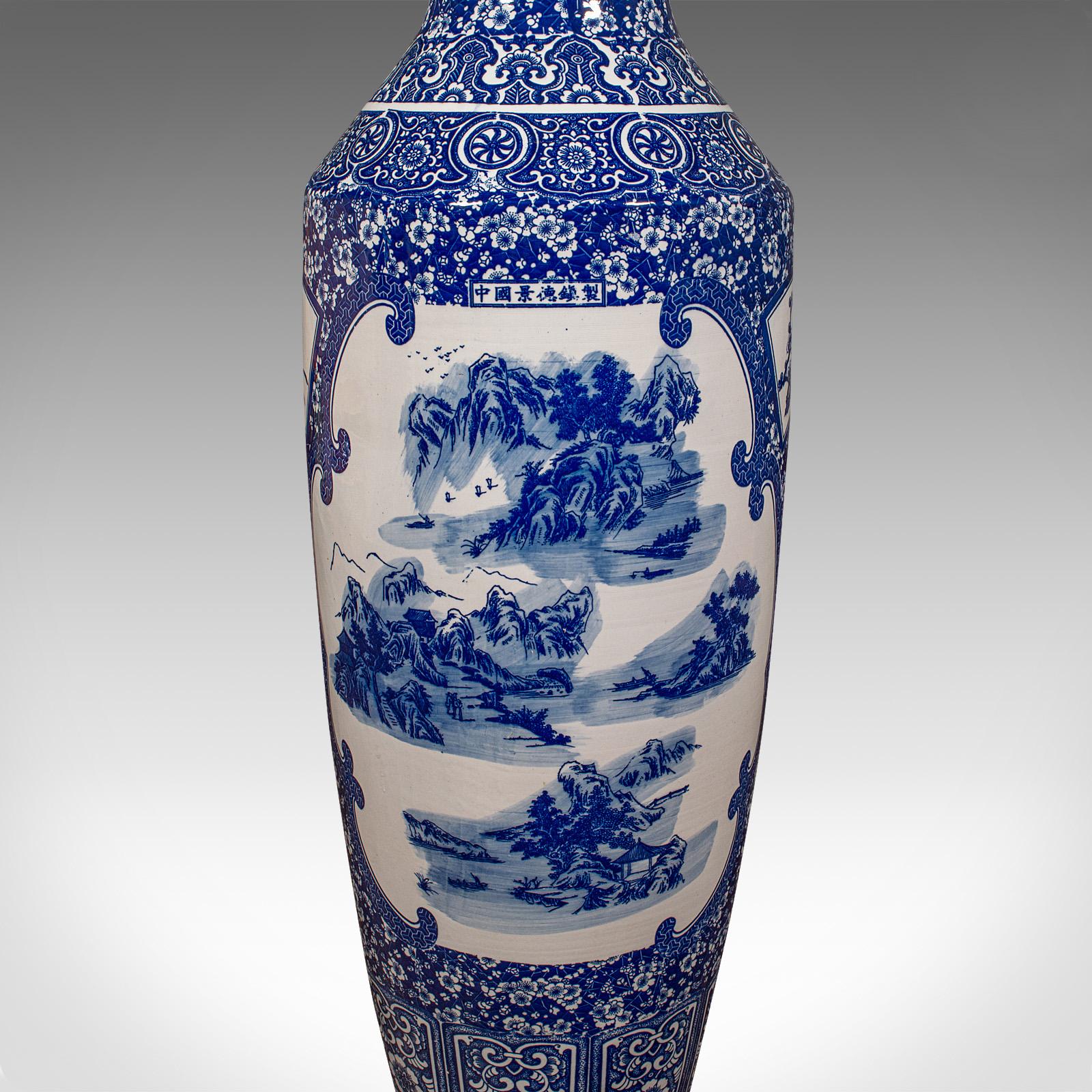 4' Tall Vintage Floor Vase, Chinese, Blue & White, Ceramic, Display, Art Deco For Sale 4
