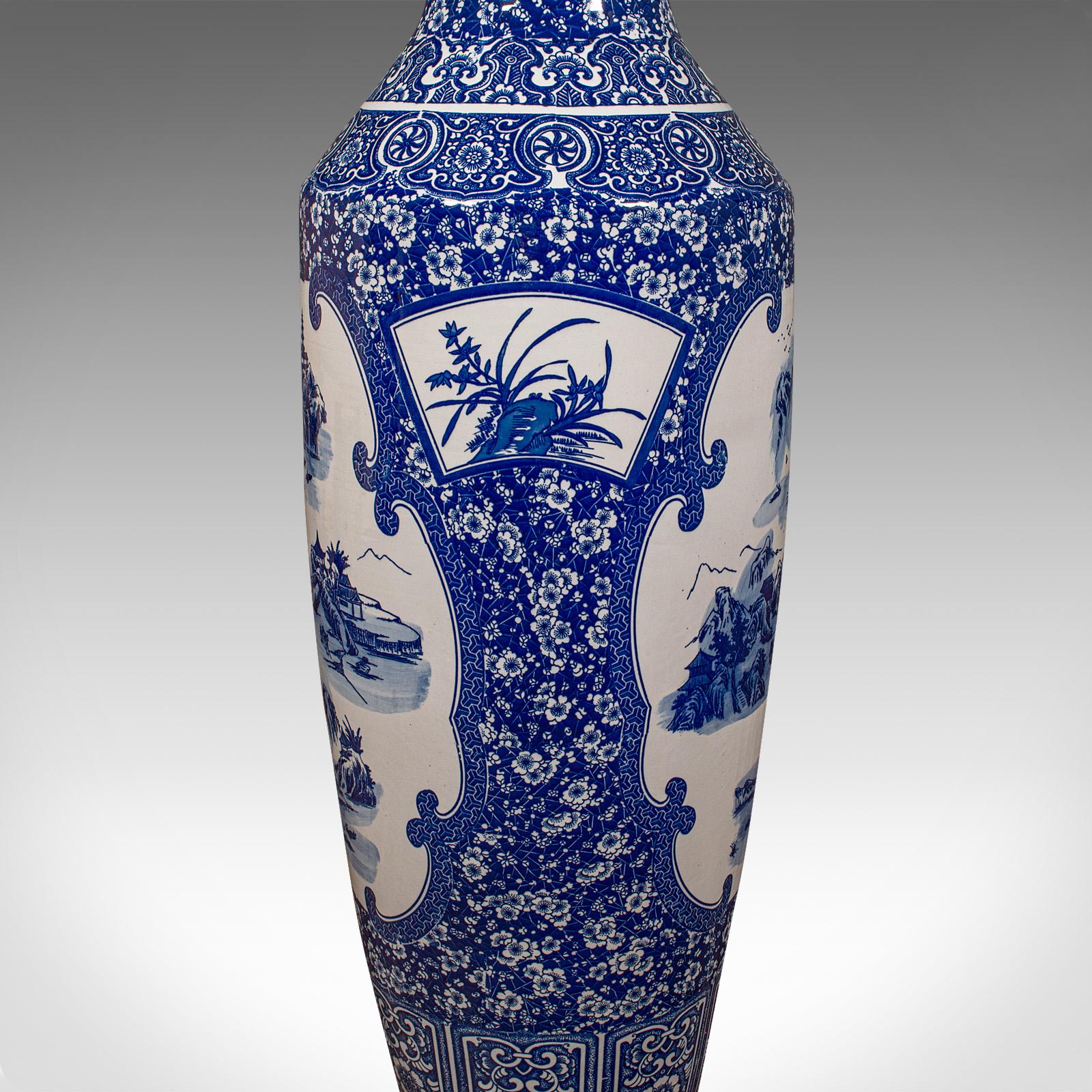 4' Tall Vintage Floor Vase, Chinese, Blue & White, Ceramic, Display, Art Deco For Sale 5