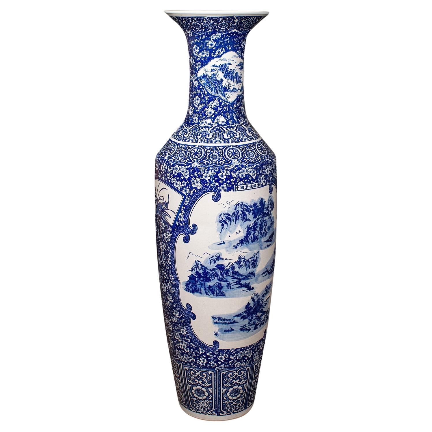 4' Tall Vintage Floor Vase, Chinese, Blue & White, Ceramic, Display, Art Deco For Sale