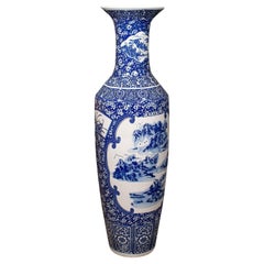 4' Tall Vintage Floor Vase, Chinese, Blue & White, Ceramic, Display, Art Deco