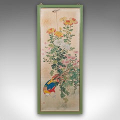 4' Tall Vintage Wall Panel, Oriental, Watercolour on Silk, Framed Art, Art Deco