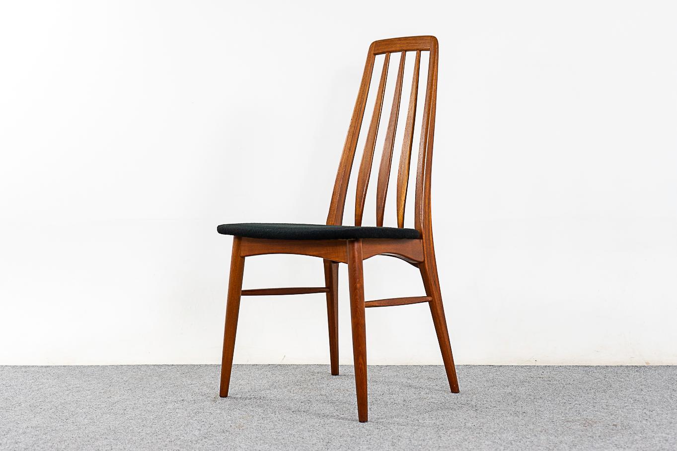 Set of 6 Teak Danish Eva dining chairs by Niels Koefoed, circa 1960's. Iconic and enduring design with beautiful slatted back that taper and curve at a gentle angle. Original upholstery with minor wear. Danish Furniture Maker's control stamp and