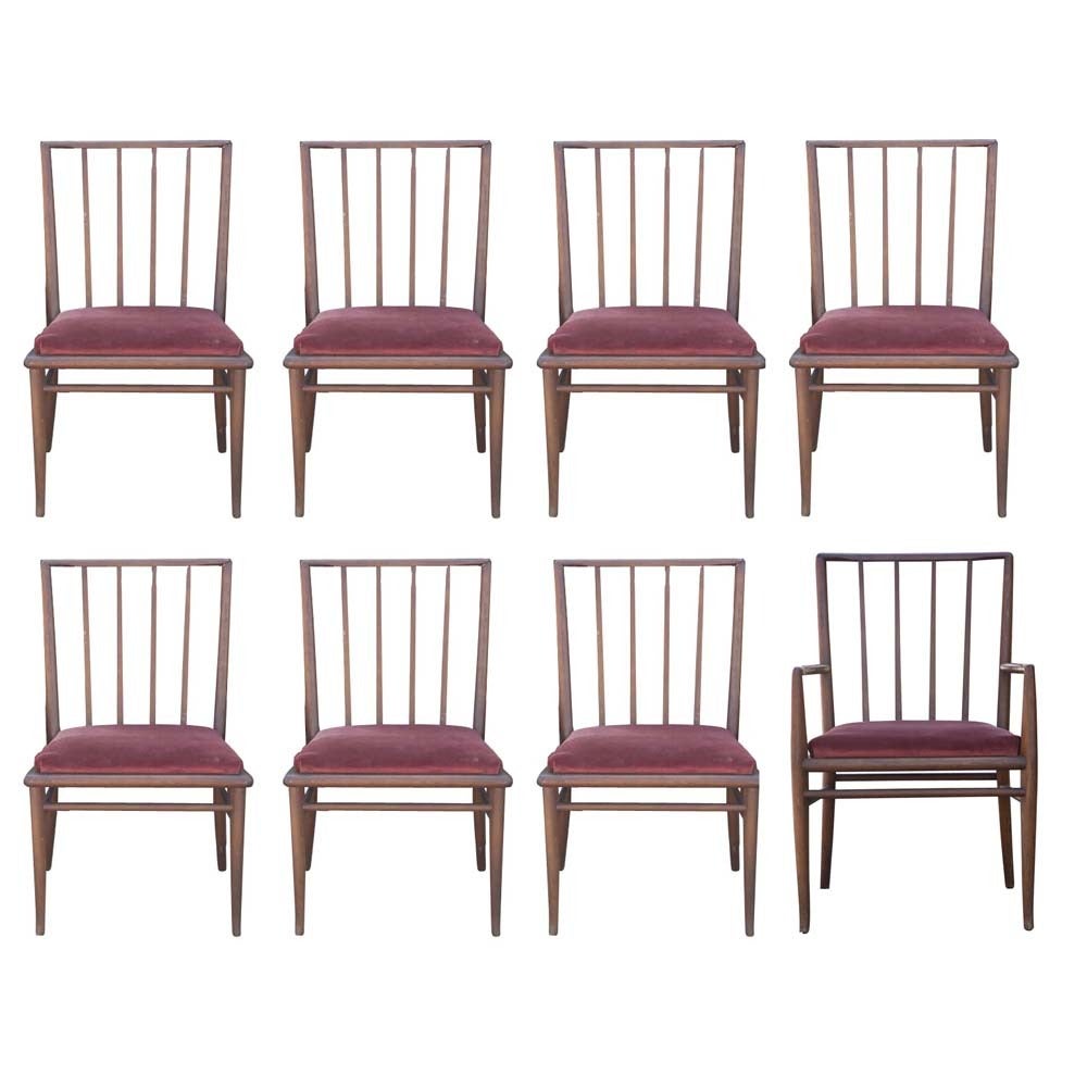 A set of 6 dining chairs designed by T.H. Robsjohn Gibbings and made by Widdicomb.  Set includes one armchair and 5 side chairs. Fully refinished.
The side chairs measure 22