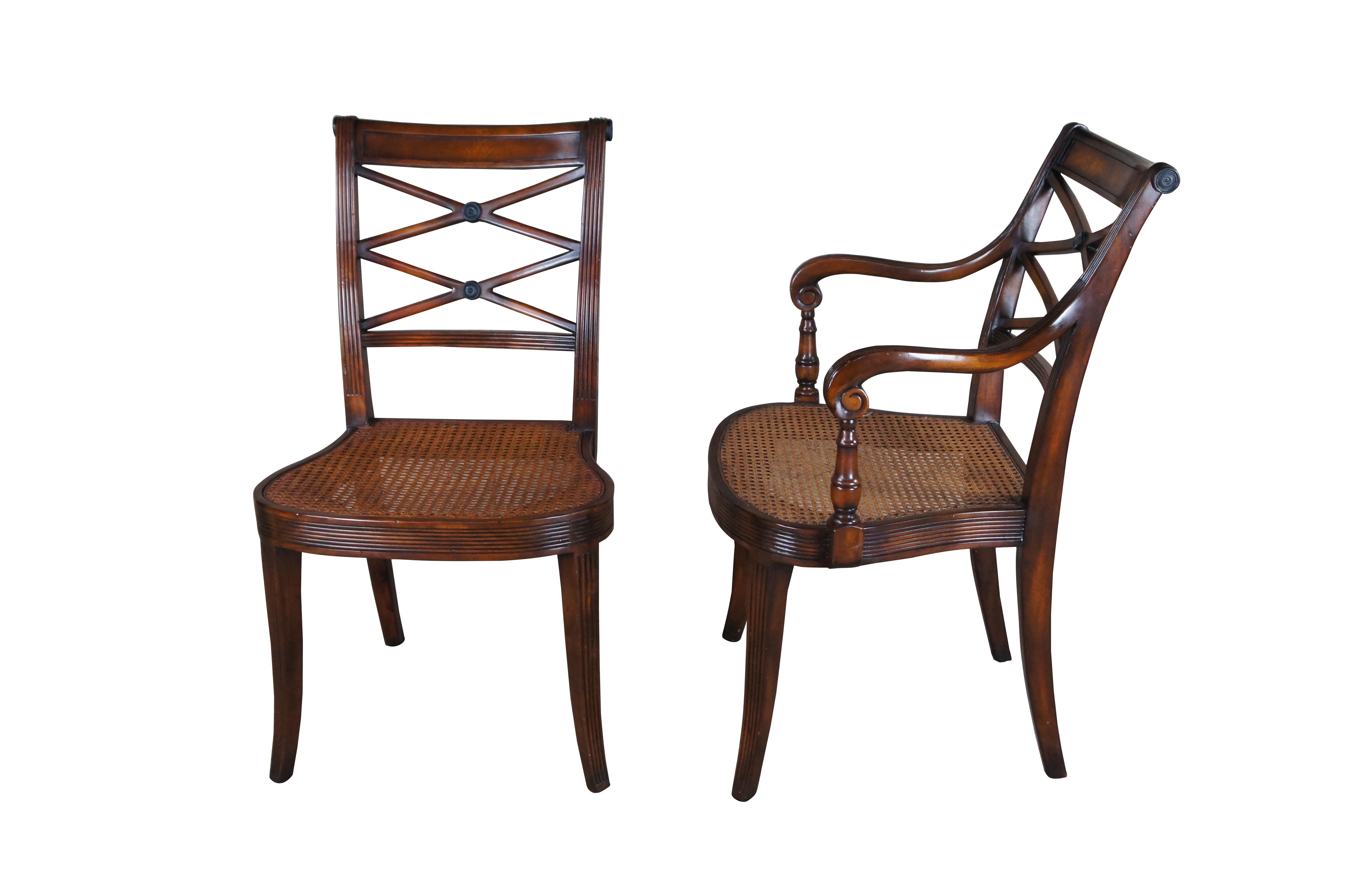4 Theodore Alexander Flamed Mahogany X Back Caned Regency Dining Chairs 4100 In Good Condition For Sale In Dayton, OH