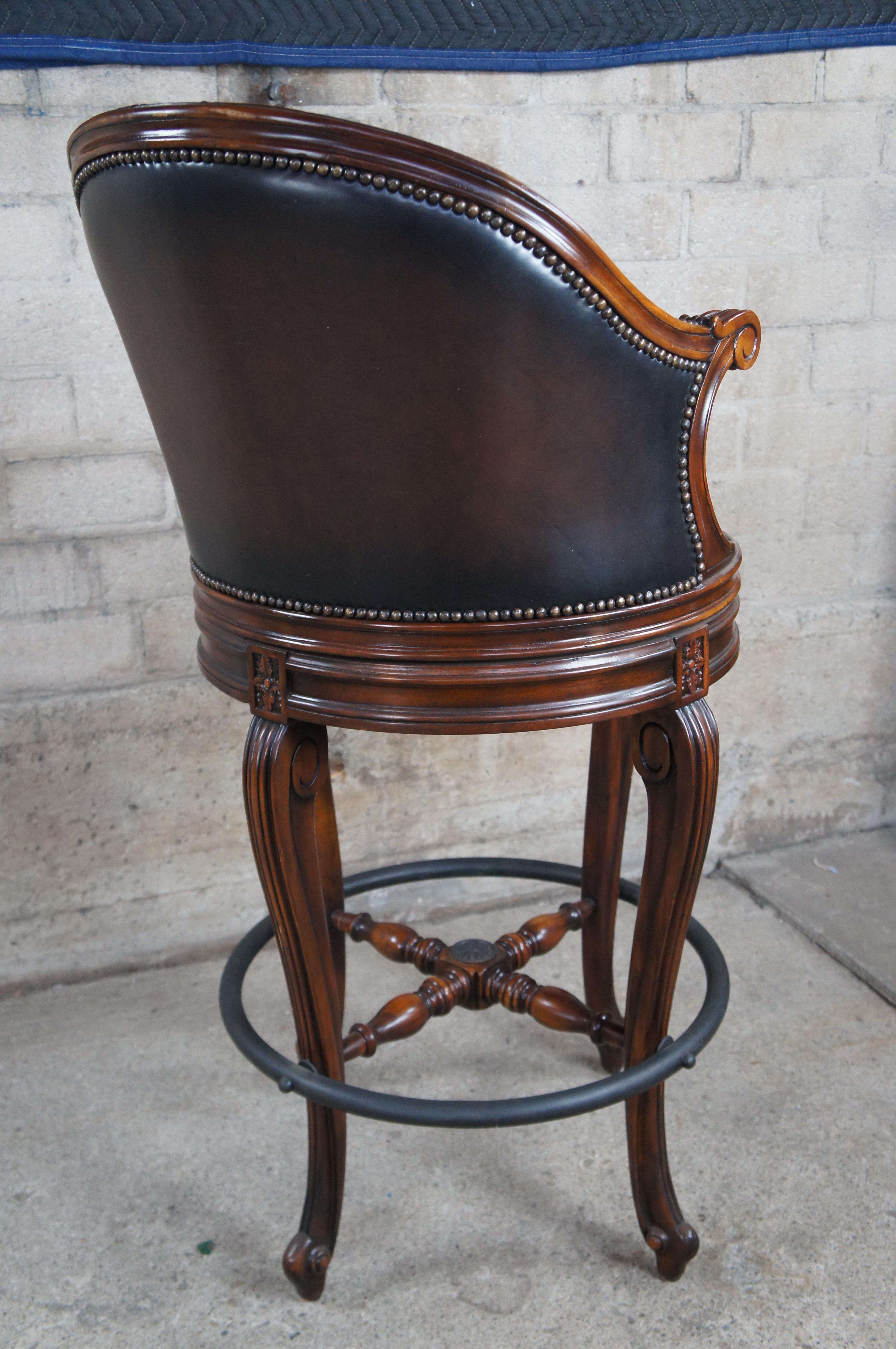 4 Theodore Alexander Napoleon III Mahogany Scoop Back Brown Leather Bar Stool For Sale 5