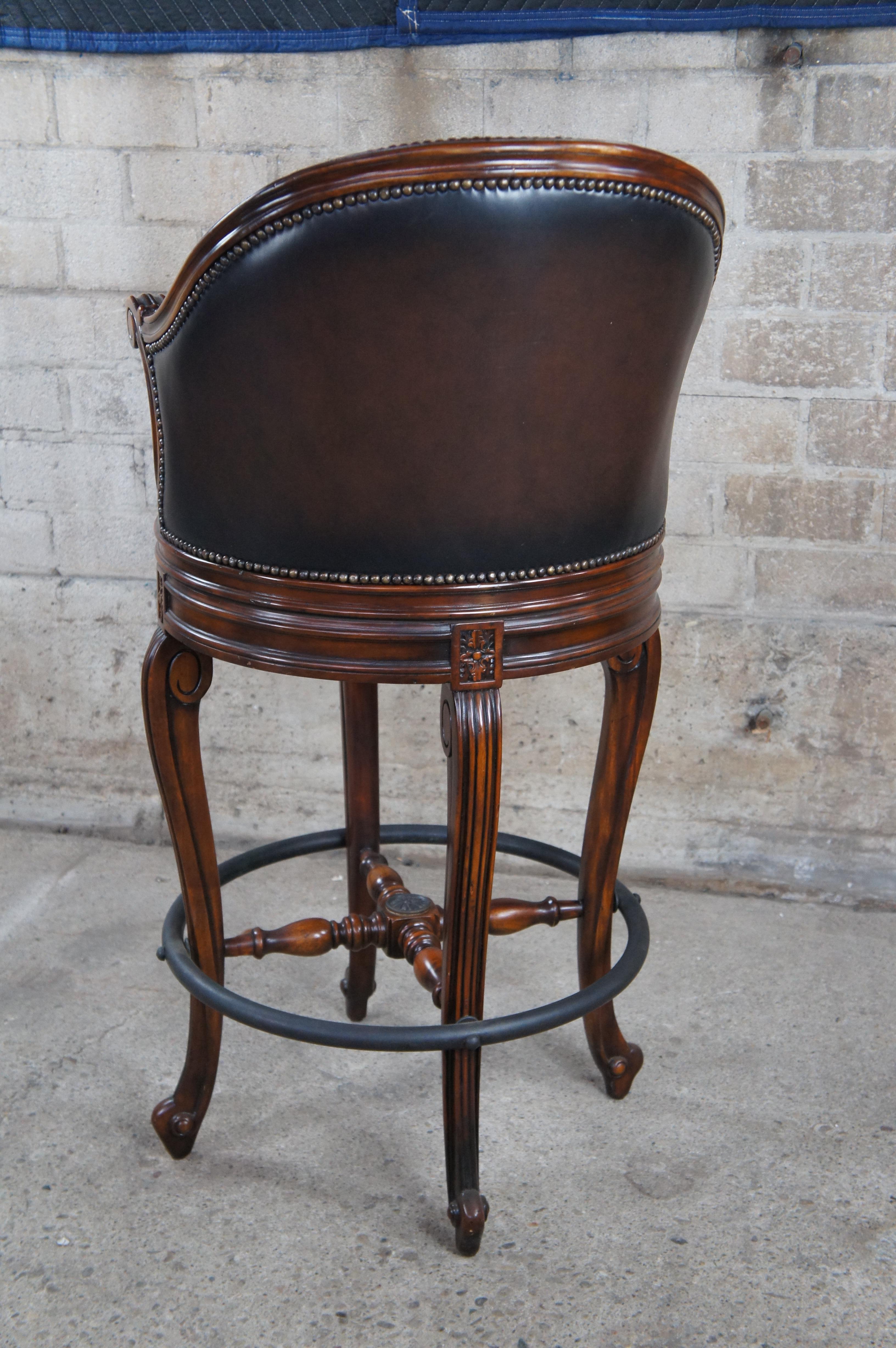 4 Theodore Alexander Napoleon III Mahogany Scoop Back Brown Leather Bar Stool For Sale 6