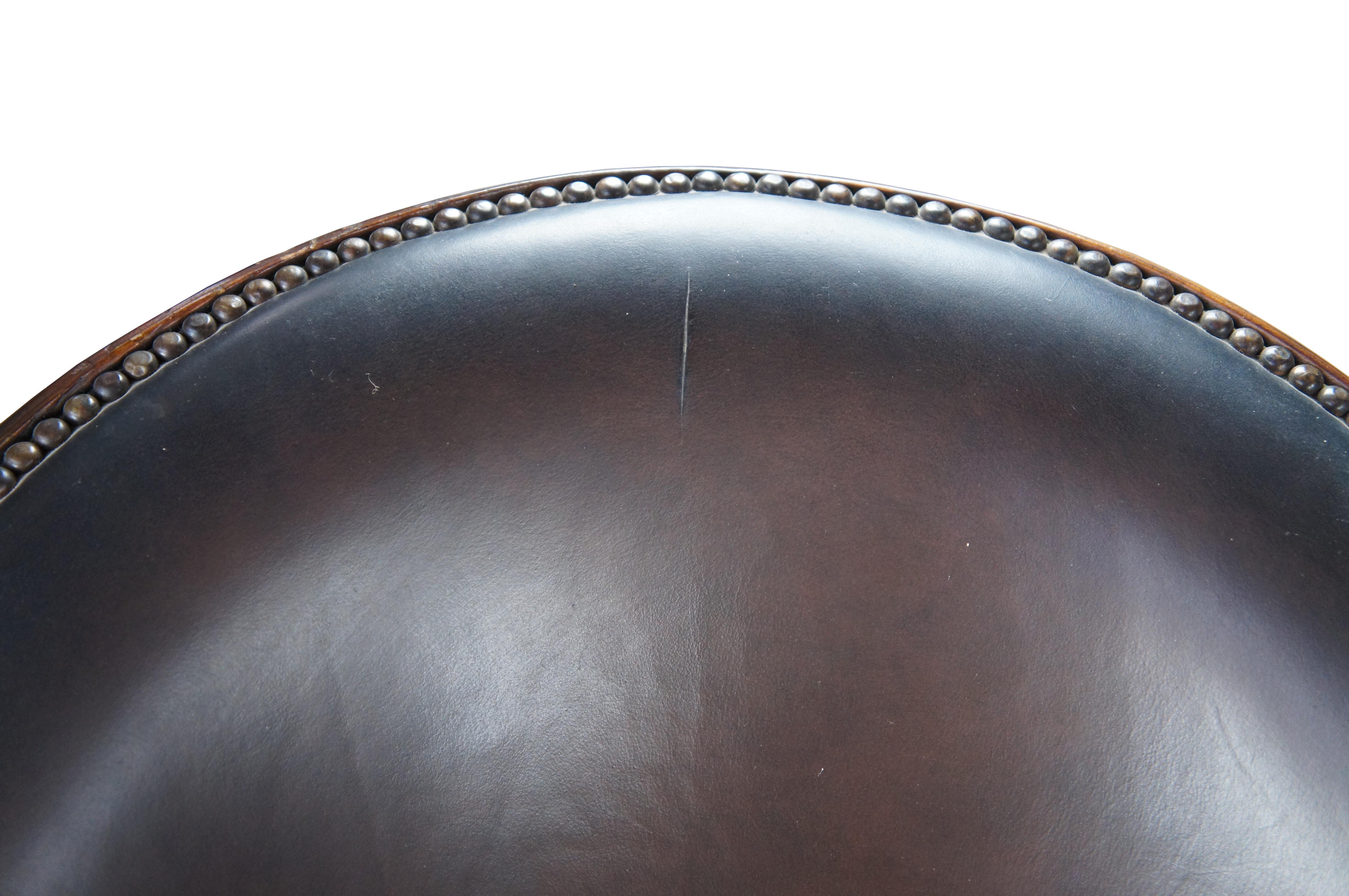 4 Theodore Alexander Napoleon III Mahogany Scoop Back Brown Leather Bar Stool In Good Condition For Sale In Dayton, OH