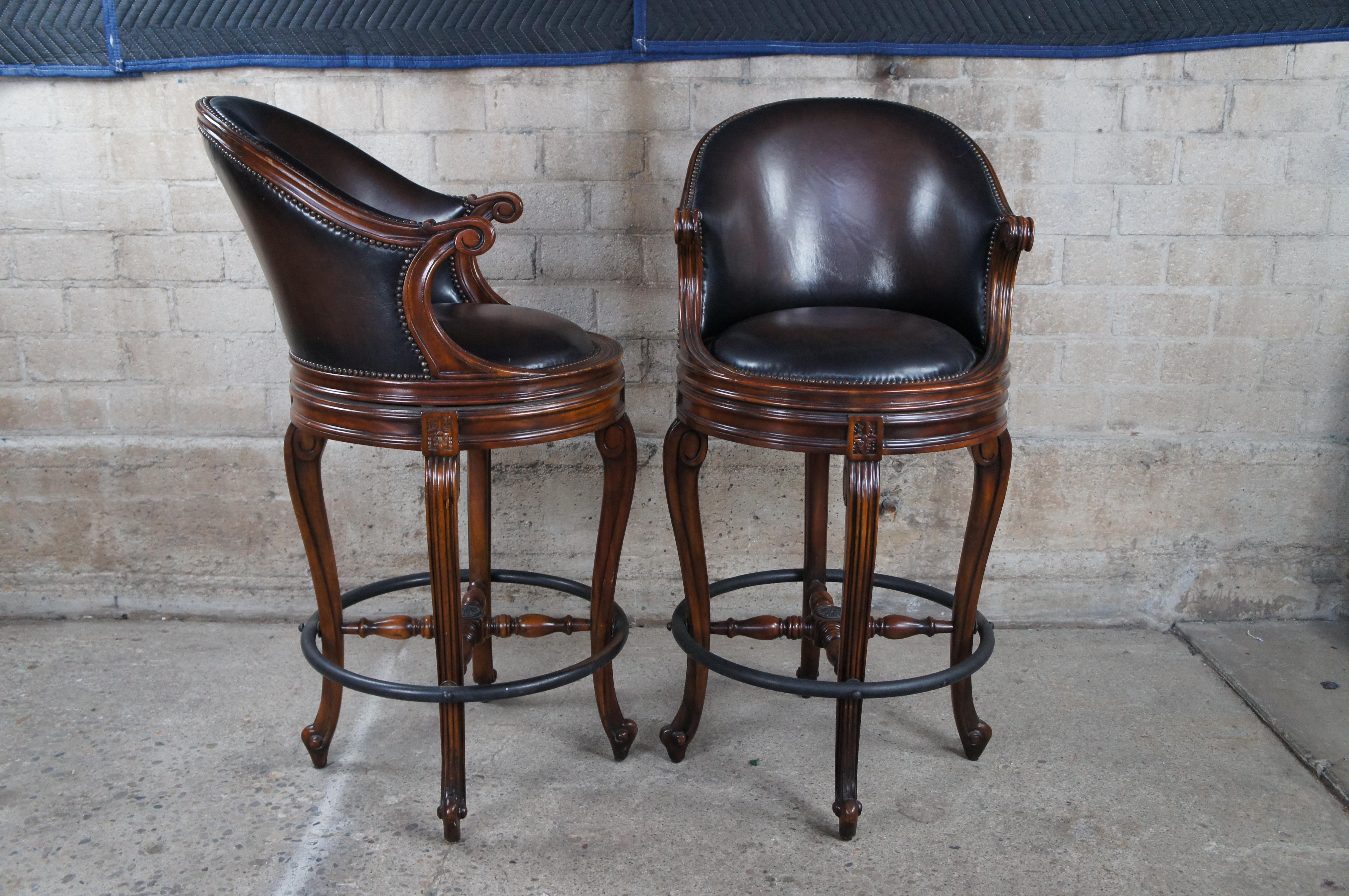 20th Century 4 Theodore Alexander Napoleon III Mahogany Scoop Back Brown Leather Bar Stool For Sale
