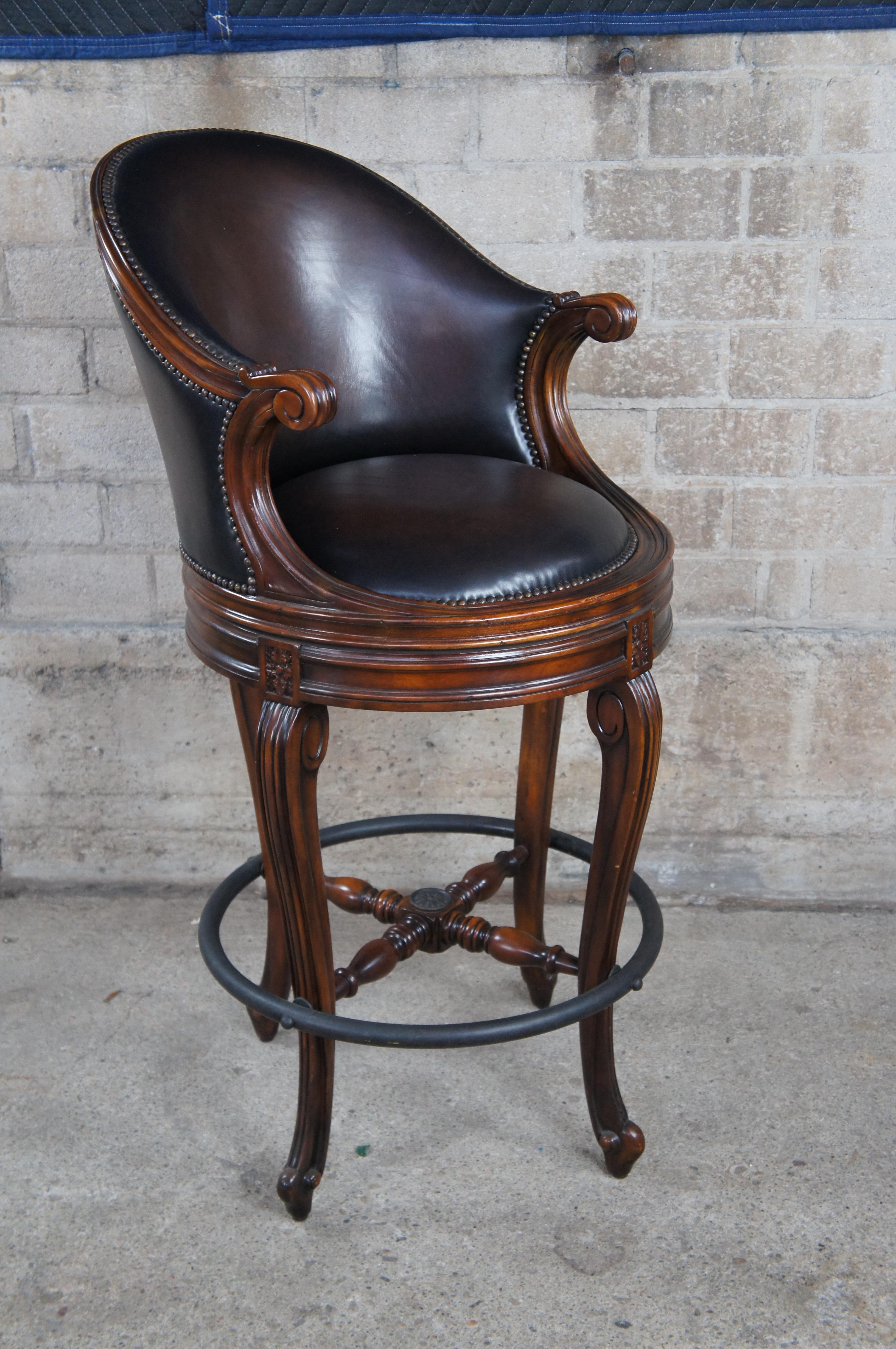 Brass 4 Theodore Alexander Napoleon III Mahogany Scoop Back Brown Leather Bar Stool For Sale