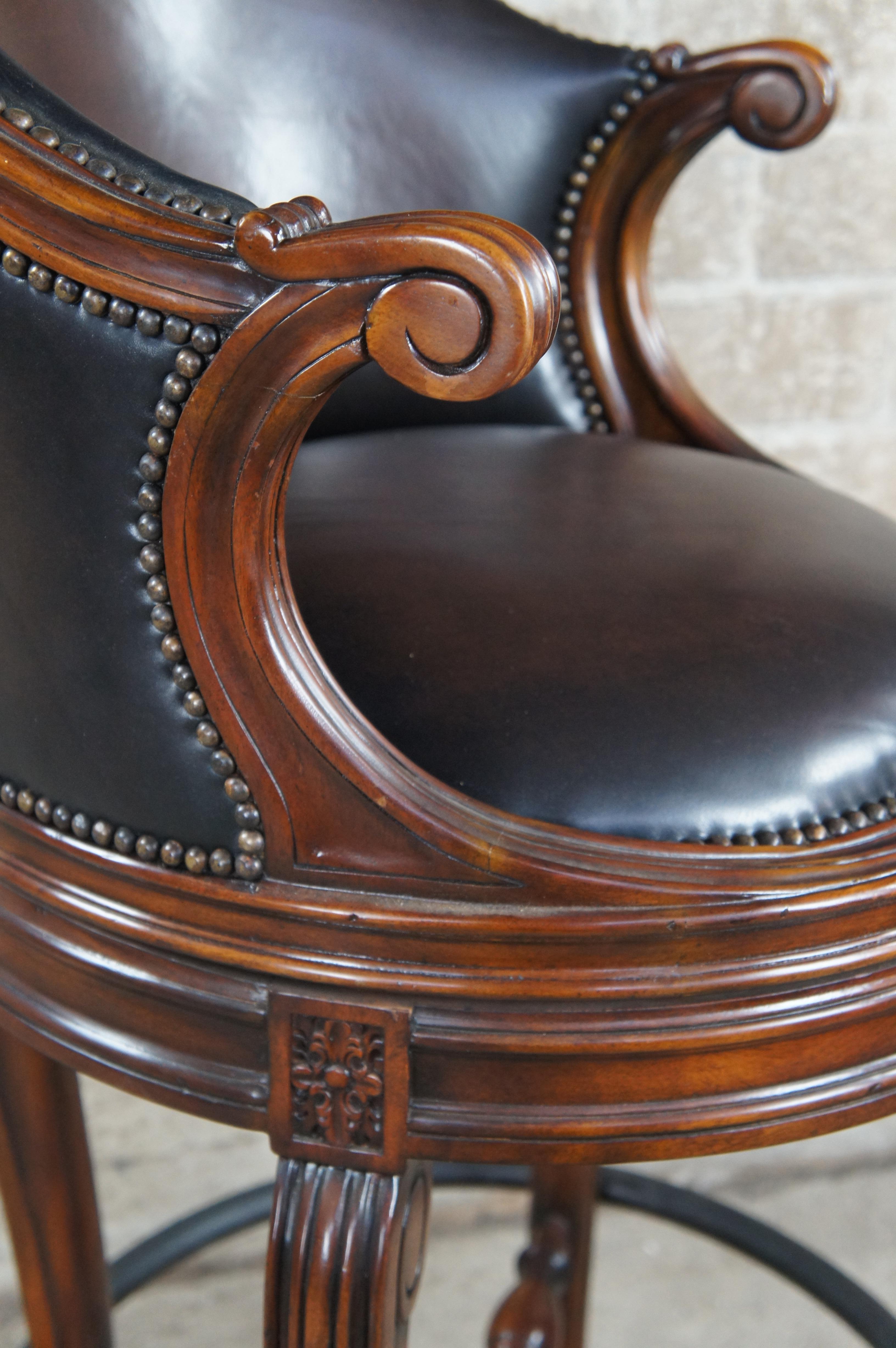 4 Theodore Alexander Napoleon III Mahogany Scoop Back Brown Leather Bar Stool For Sale 1