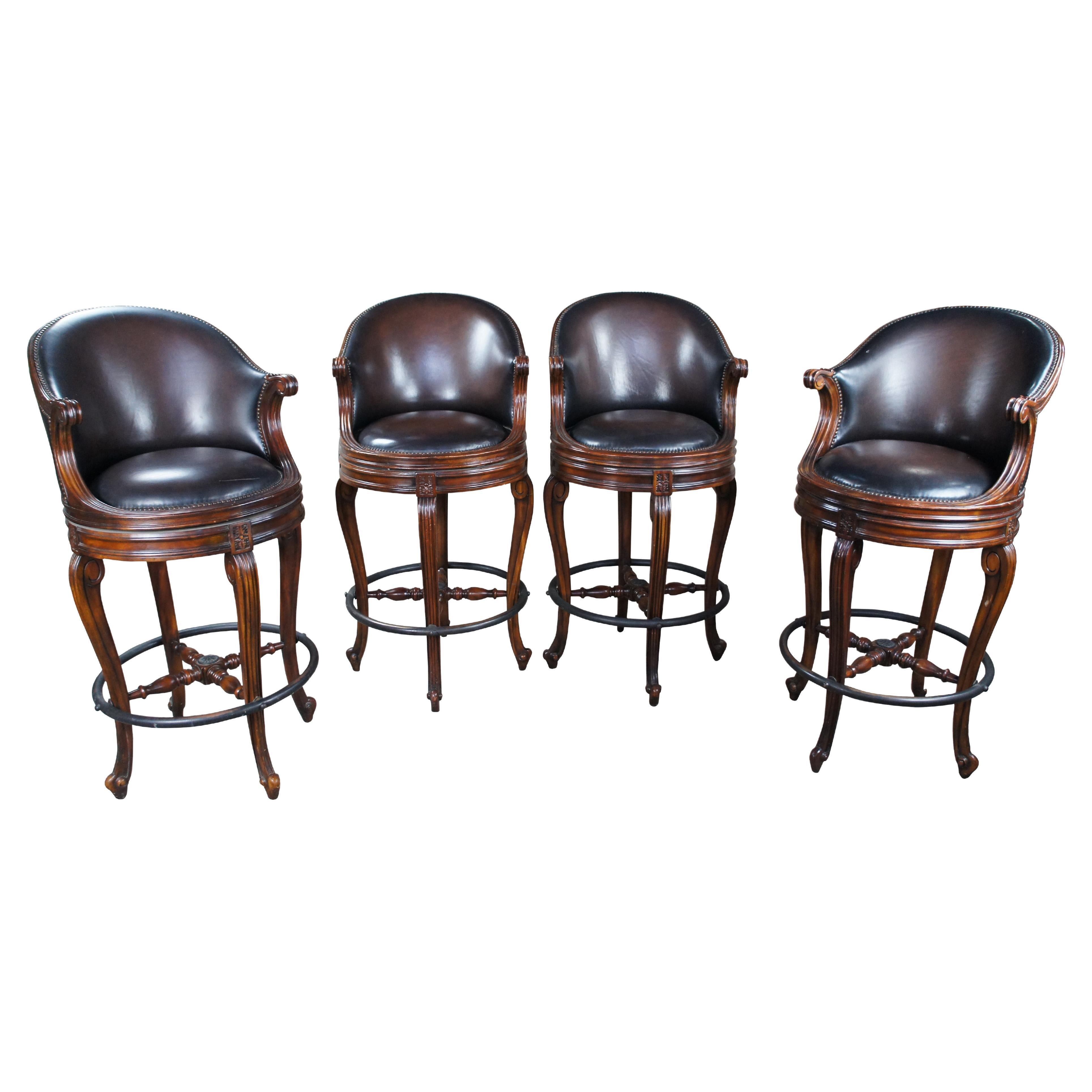 4 Theodore Alexander Napoleon III Mahogany Scoop Back Brown Leather Bar Stool For Sale