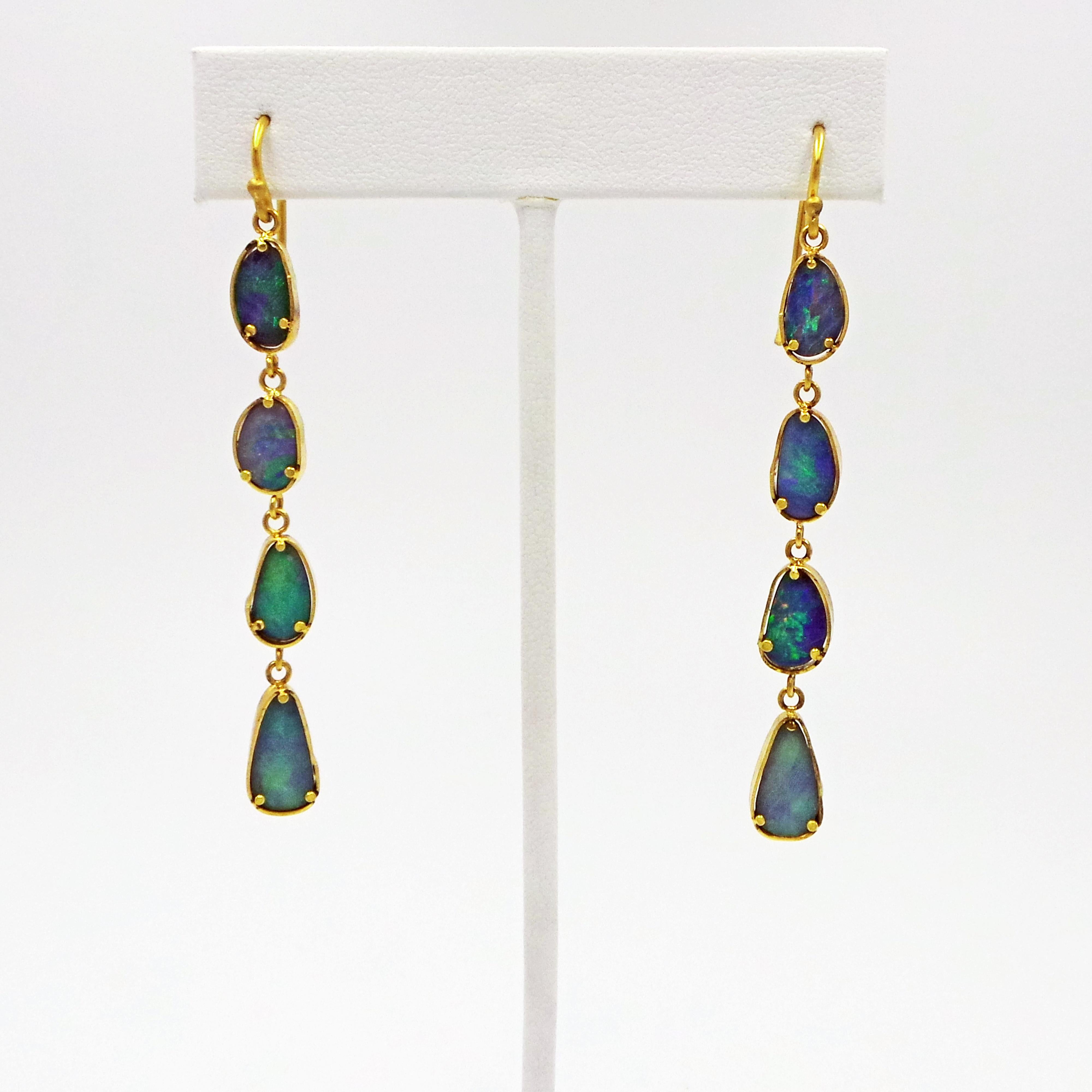 Beautiful four tier, blue / green Australian Boulder Opals and 22k yellow gold hand-fabricated, dangle earrings with French wires. Lightweight for comfortable wear.