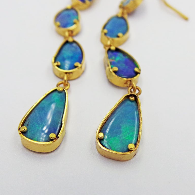 4Tier Australian Boulder Opal Gold Dangle Earrings For
