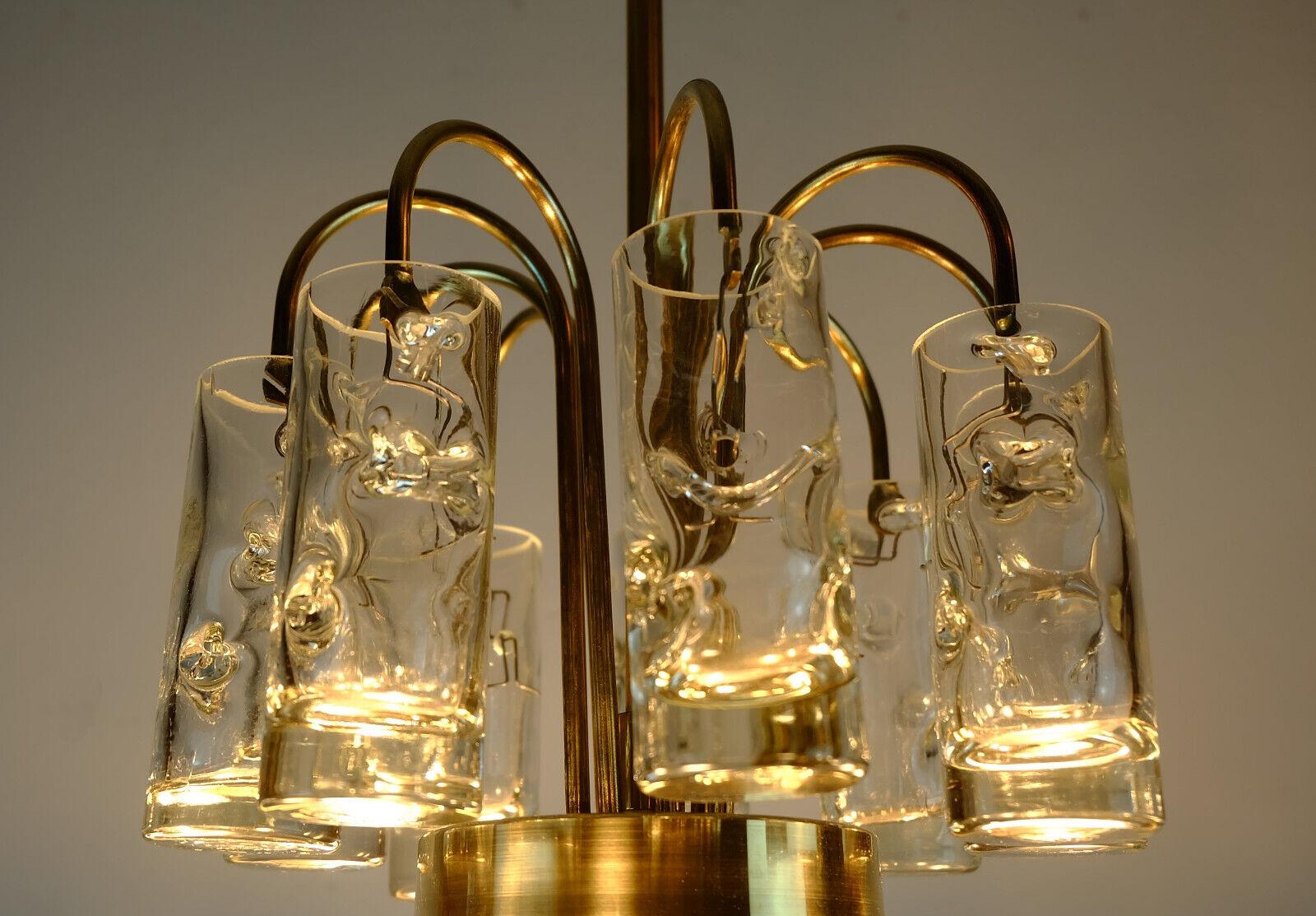 Brass 4-Tier Doria Chandelier with 62 Glass Tubes Ice Glass Structured Glass, 1960s For Sale