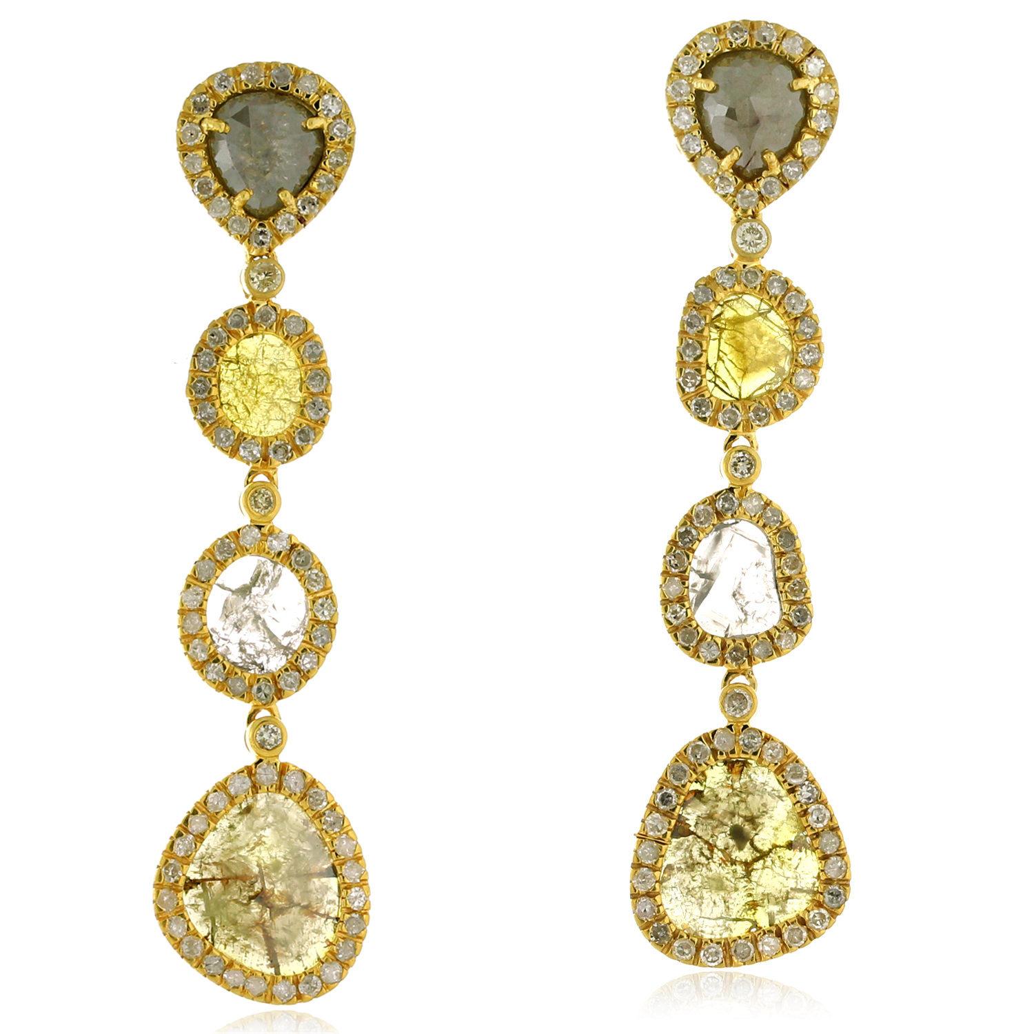 Artisan 4-Tier Multi Shaped Sliced Diamond Earring in 18k Yellow Gold For Sale