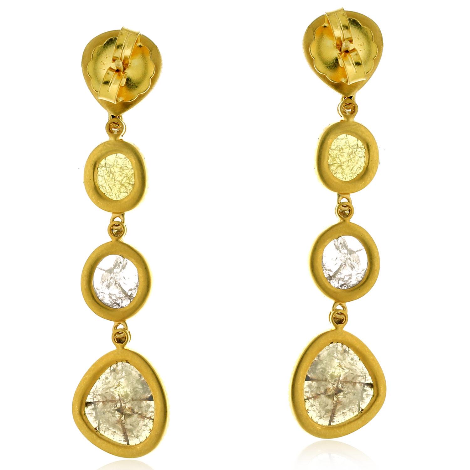 Uncut 4-Tier Multi Shaped Sliced Diamond Earring in 18k Yellow Gold For Sale