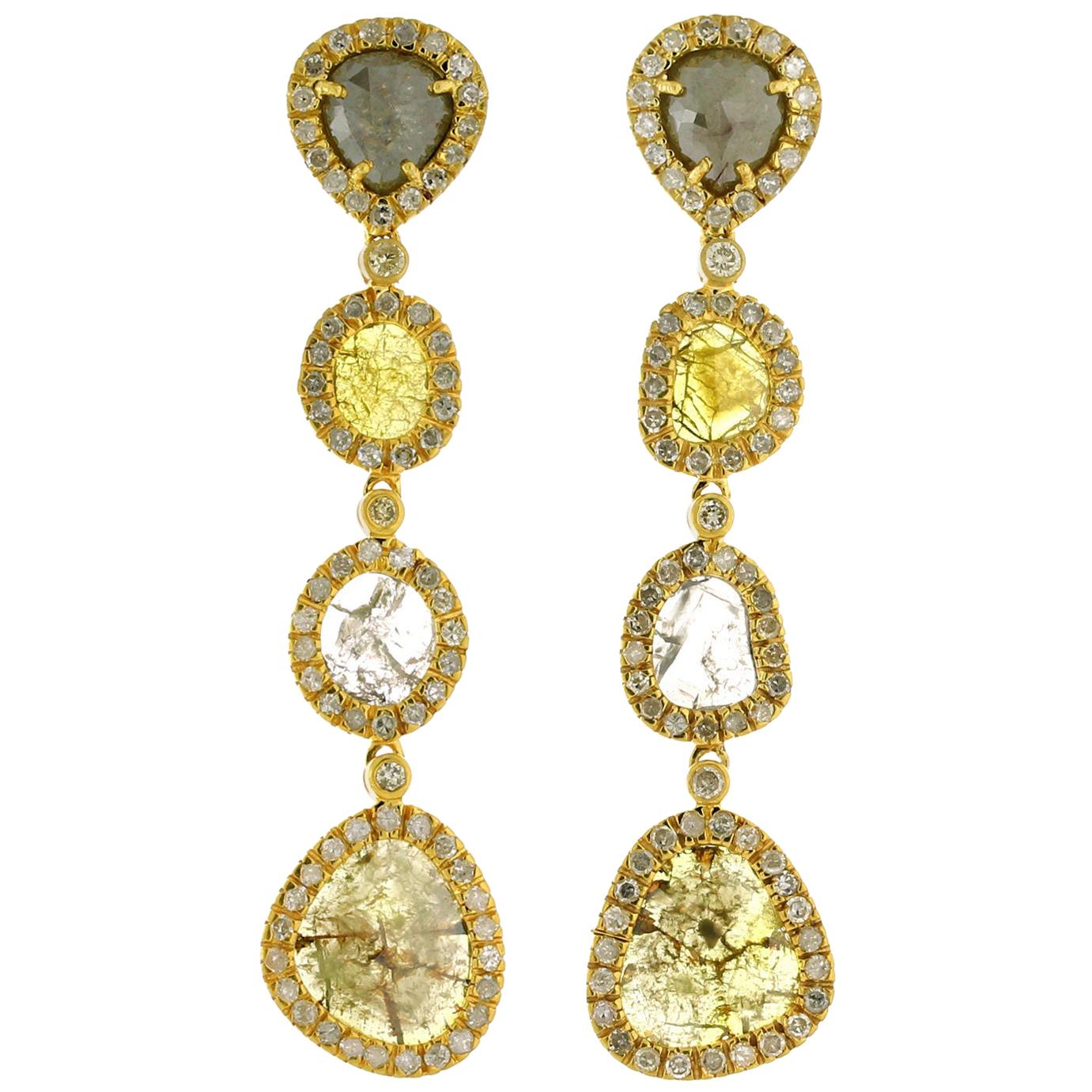4-Tier Multi Shaped Sliced Diamond Earring in 18k Yellow Gold For Sale