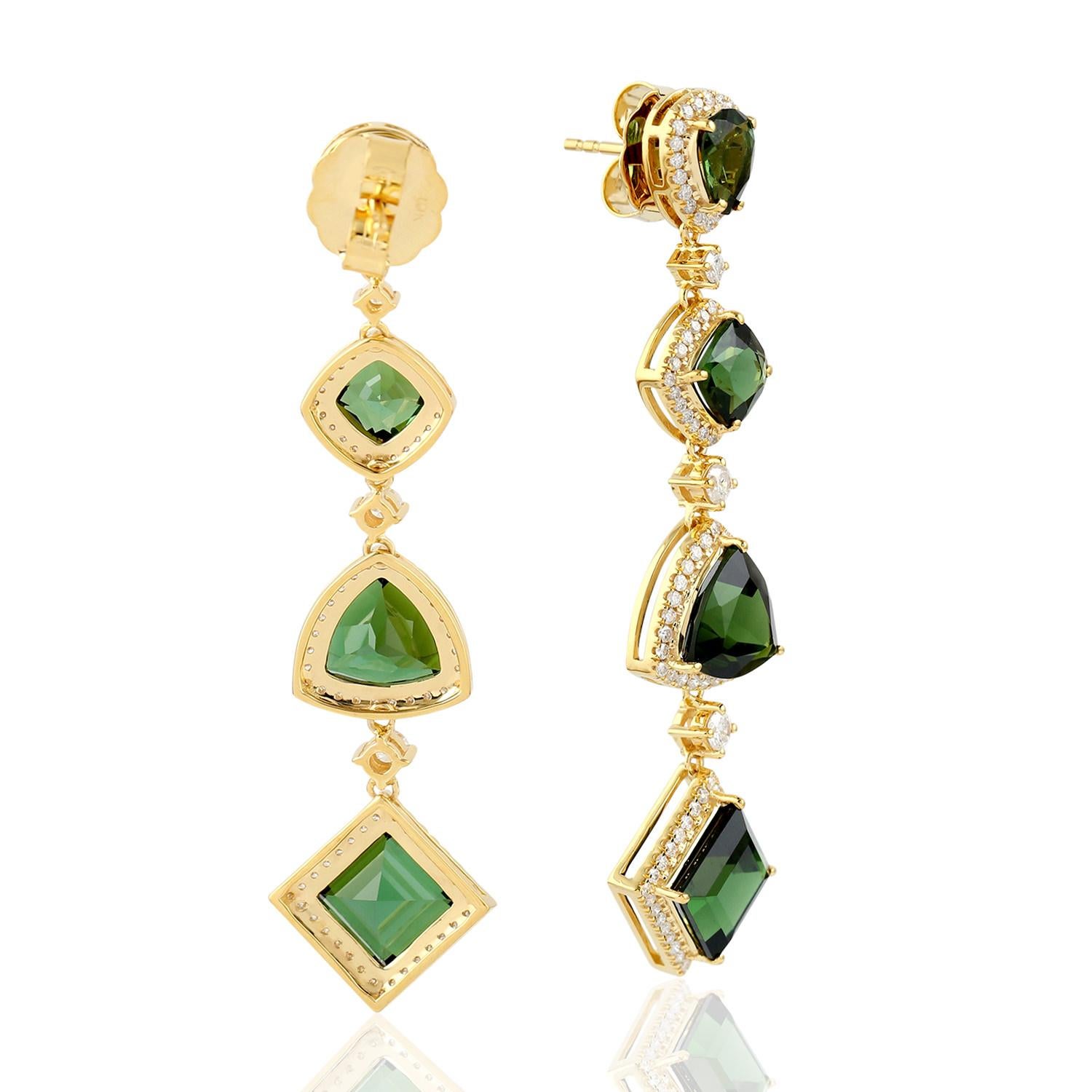 4 Tier Mehrfarbige Turmalin-Ohrringe mit Diamanten aus 18 Karat Gelbgold mit Diamanten (Kunsthandwerker*in) im Angebot