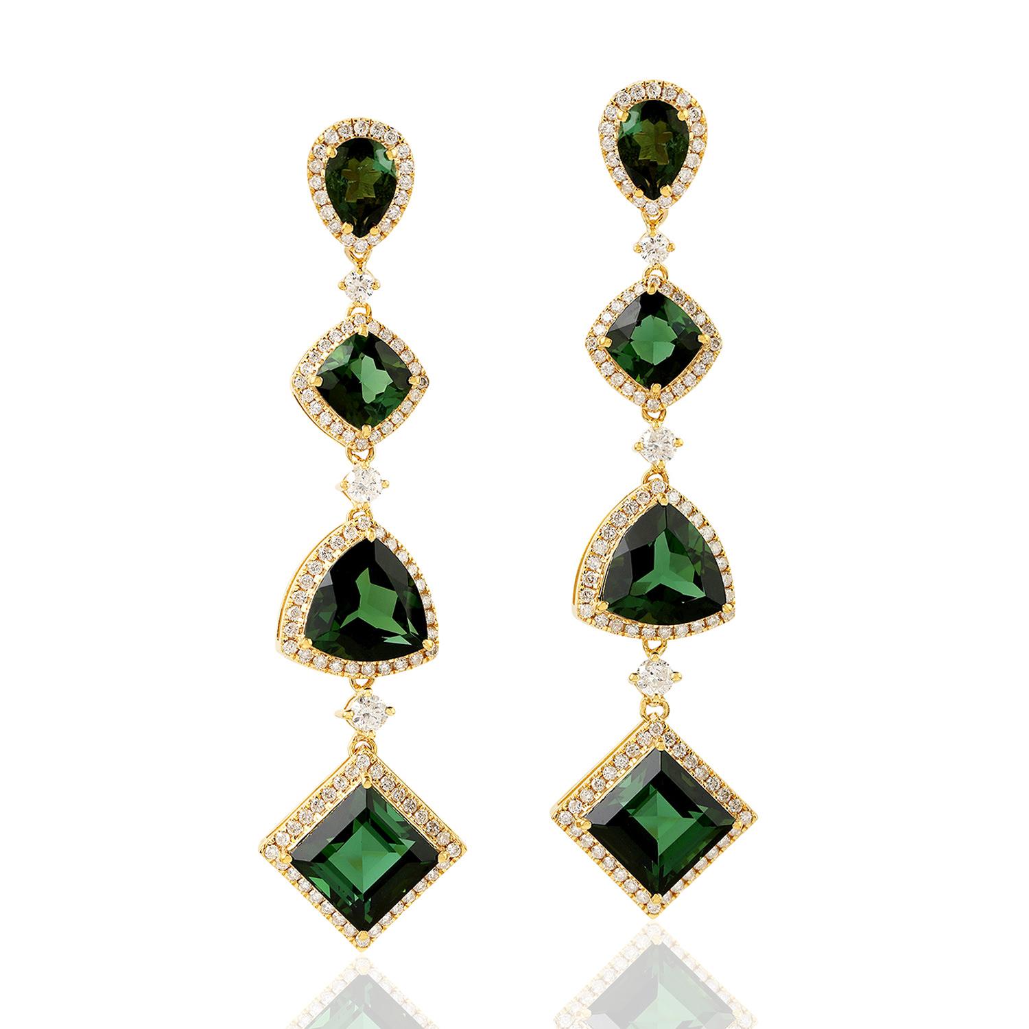 Mixed Cut 4 Tier Multi Shaped Tourmaline Dangle Earrings with Diamonds in 18k Yellow Gold For Sale