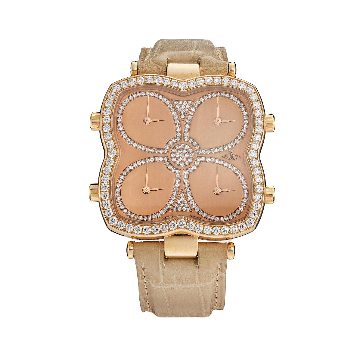 Watch in pink gold 18kt set with 253 diamonds 2.97 cts on bezel and dial with 4 time zones, prong buckle alligator strap quartz movement.  

We do not guarantee the functioning of this watch.