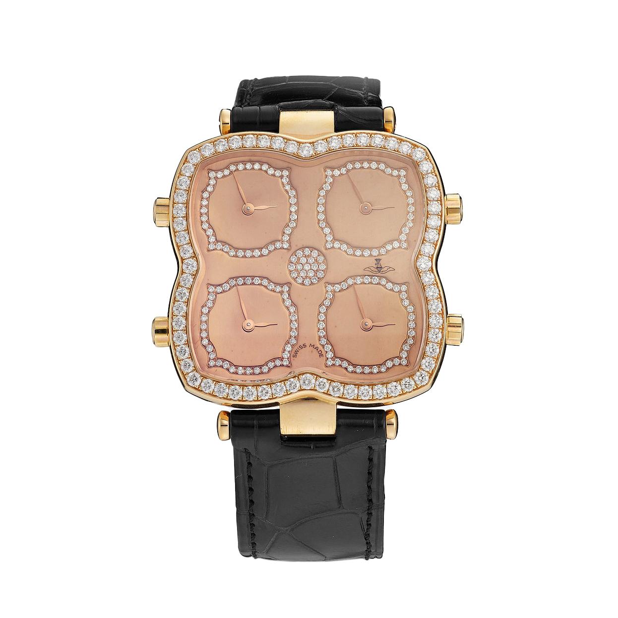 Watch in pink gold 18kt set with 253 diamonds 2.97 cts on bezel and dial with 4 time zones, prong buckle alligator strap quartz movement. We do not guarantee the functioning of this watch.