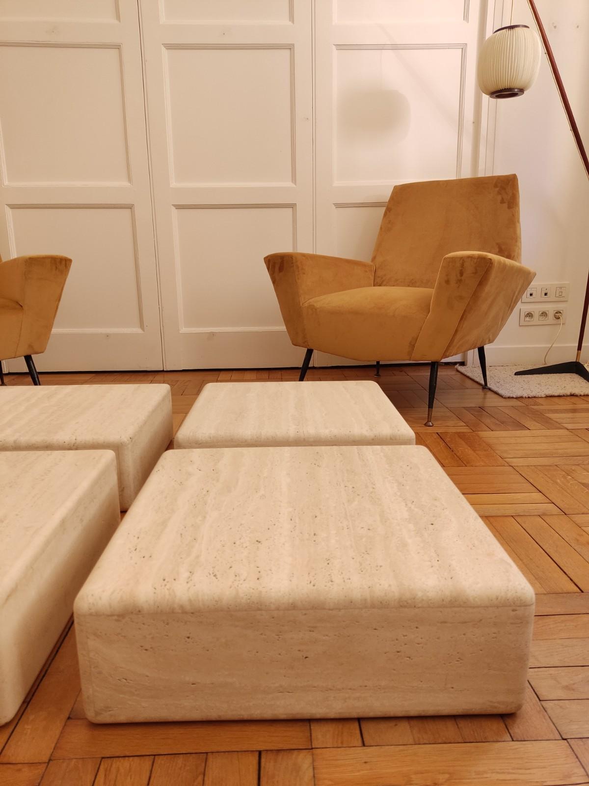 Late 20th Century 4 Travertine Squares, Modular Coffee Table  For Sale