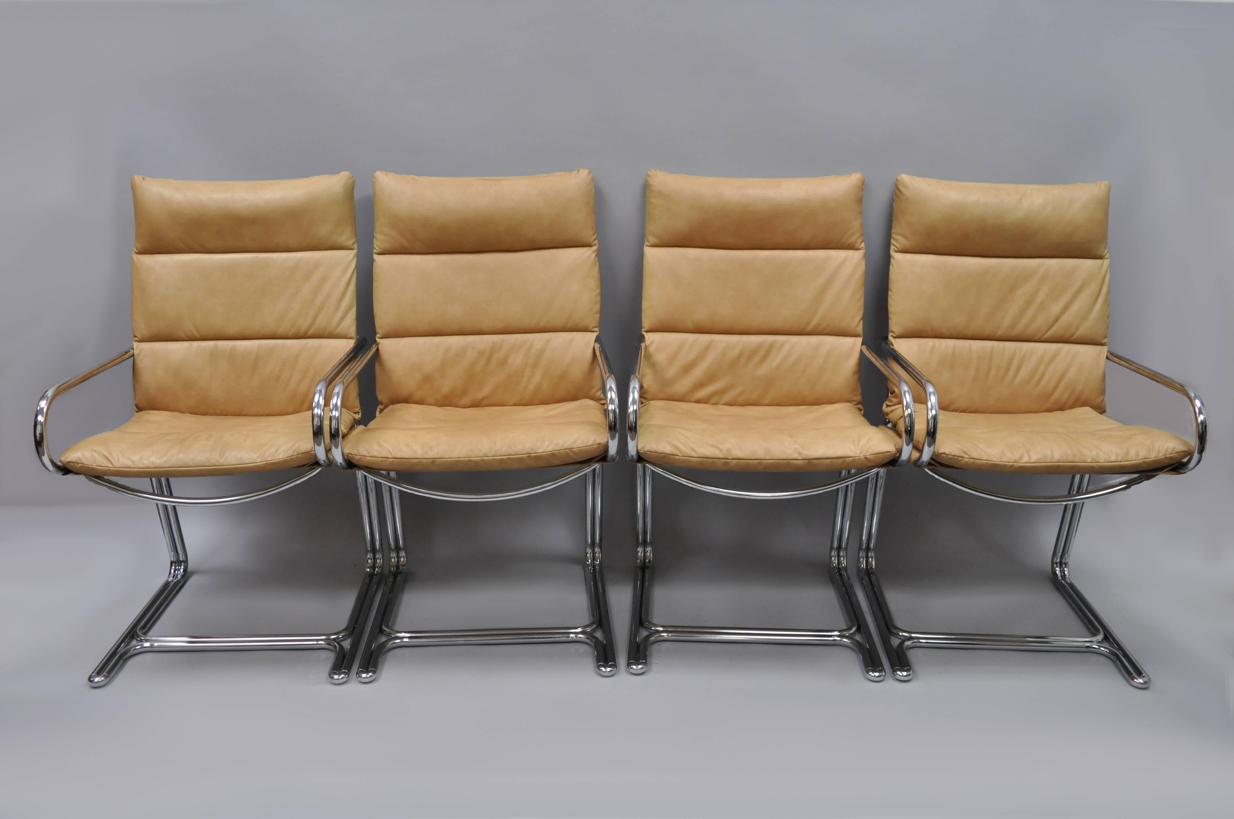 Four Tubular Chrome Cantilever Style Arm Chairs by Cosco Inc after Milo Baughman 5