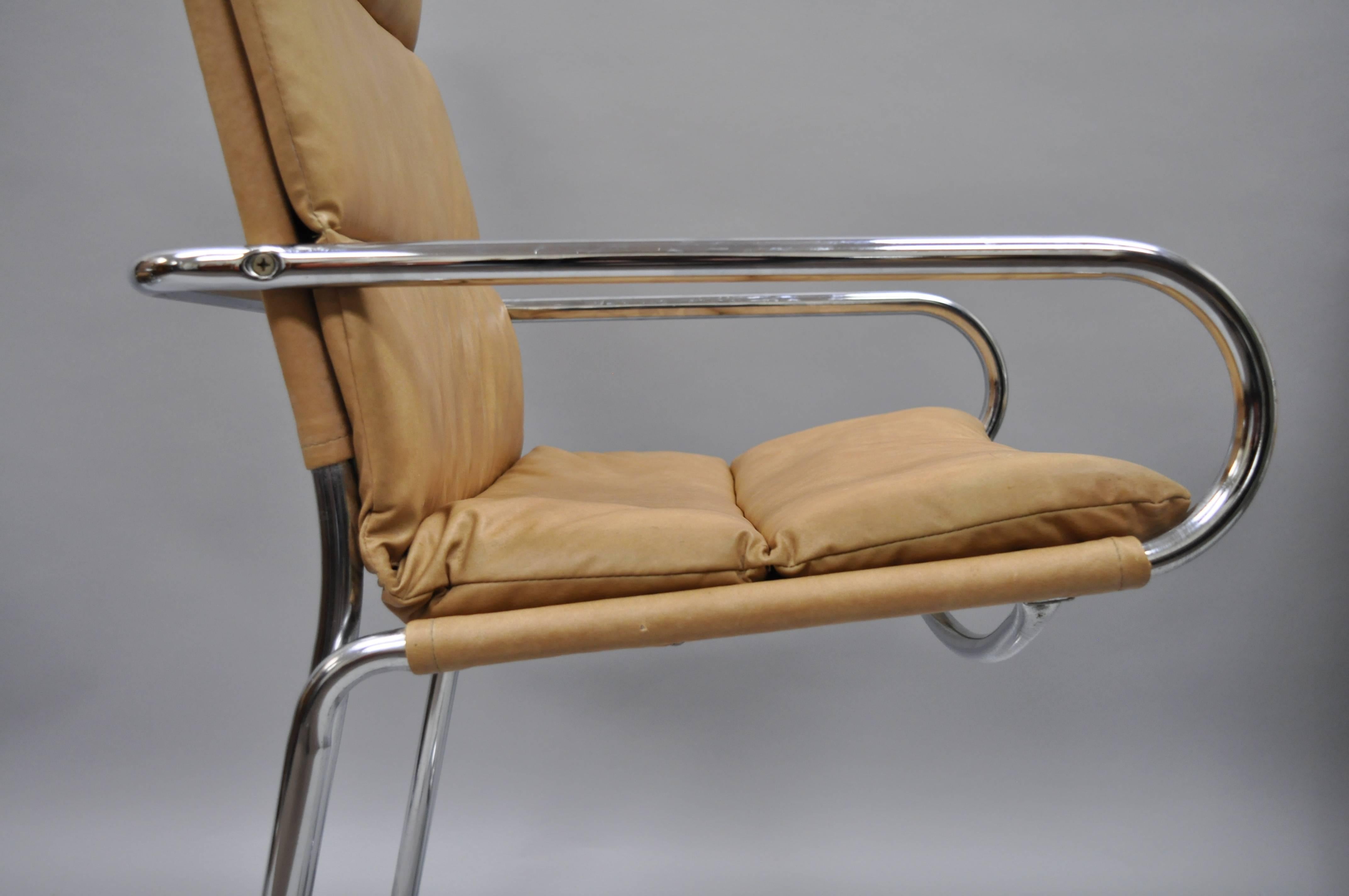 Four Tubular Chrome Cantilever Style Arm Chairs by Cosco Inc after Milo Baughman In Good Condition In Philadelphia, PA