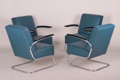 4 Freischwinger-Sessel aus Stahlrohr im Art-déco-Stil, Chrom, neues blaues Leder