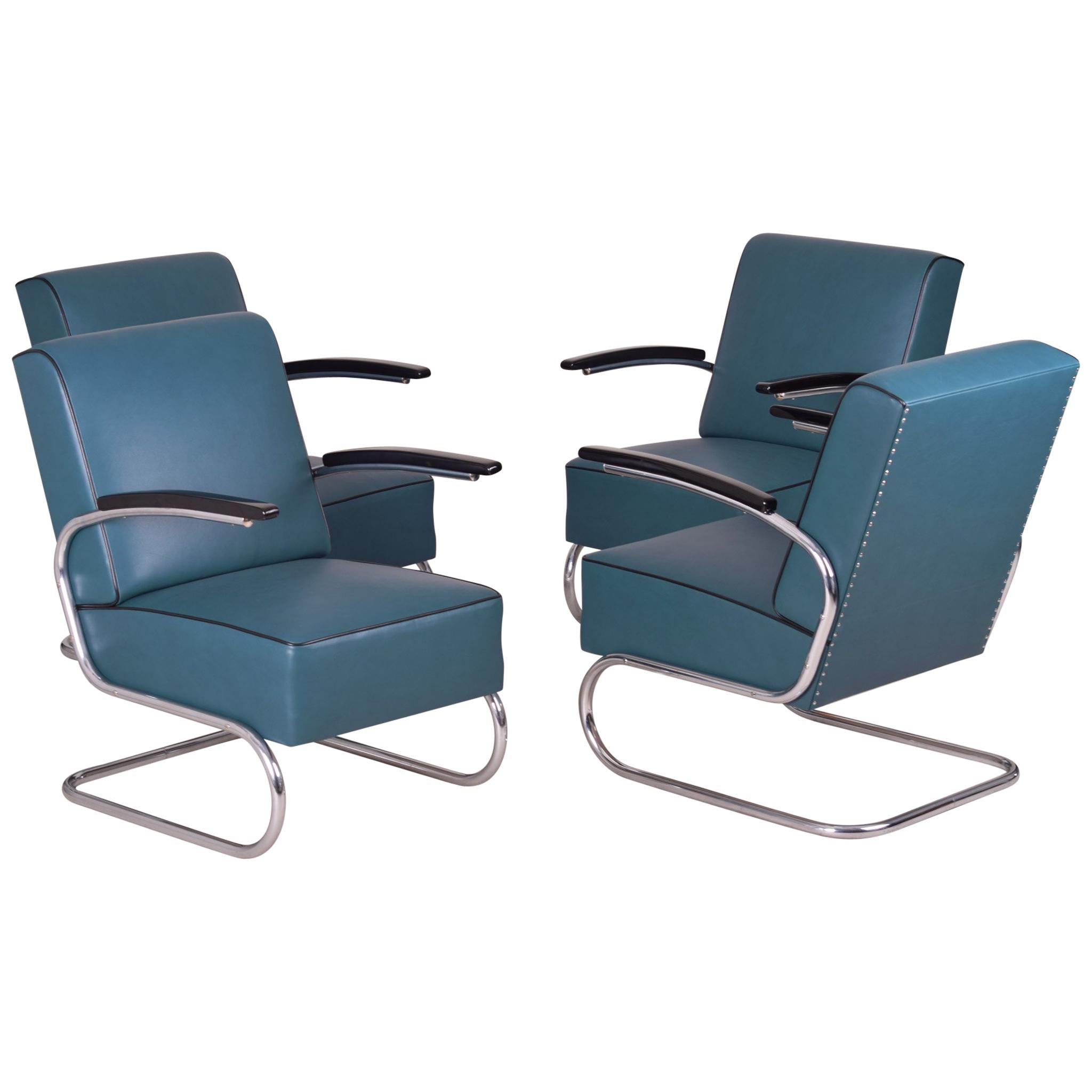4 Tubular Steel Cantilever Armchairs in Art Deco, Chrome, New Blue Leather For Sale