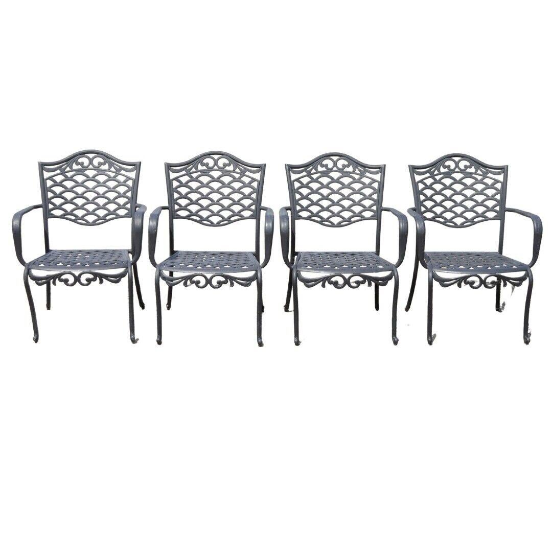 Tuscan Mediterranean Style Black Cast Aluminum Metal Garden Patio Dining Chairs - Set of 4. Circa  21st Century, Pre-owned. Measurements: 36.5